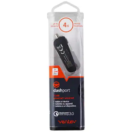UP TO JUSQU' 4x
FASTER PLUS RAPIDE
CE Charger
24W
dashport 1 USB universal/universel 1 tablet or device 1 tablette OU appareil 1 tableta 0 un dispositivo
Qualcomm 3.0 Quick Charge
ventev