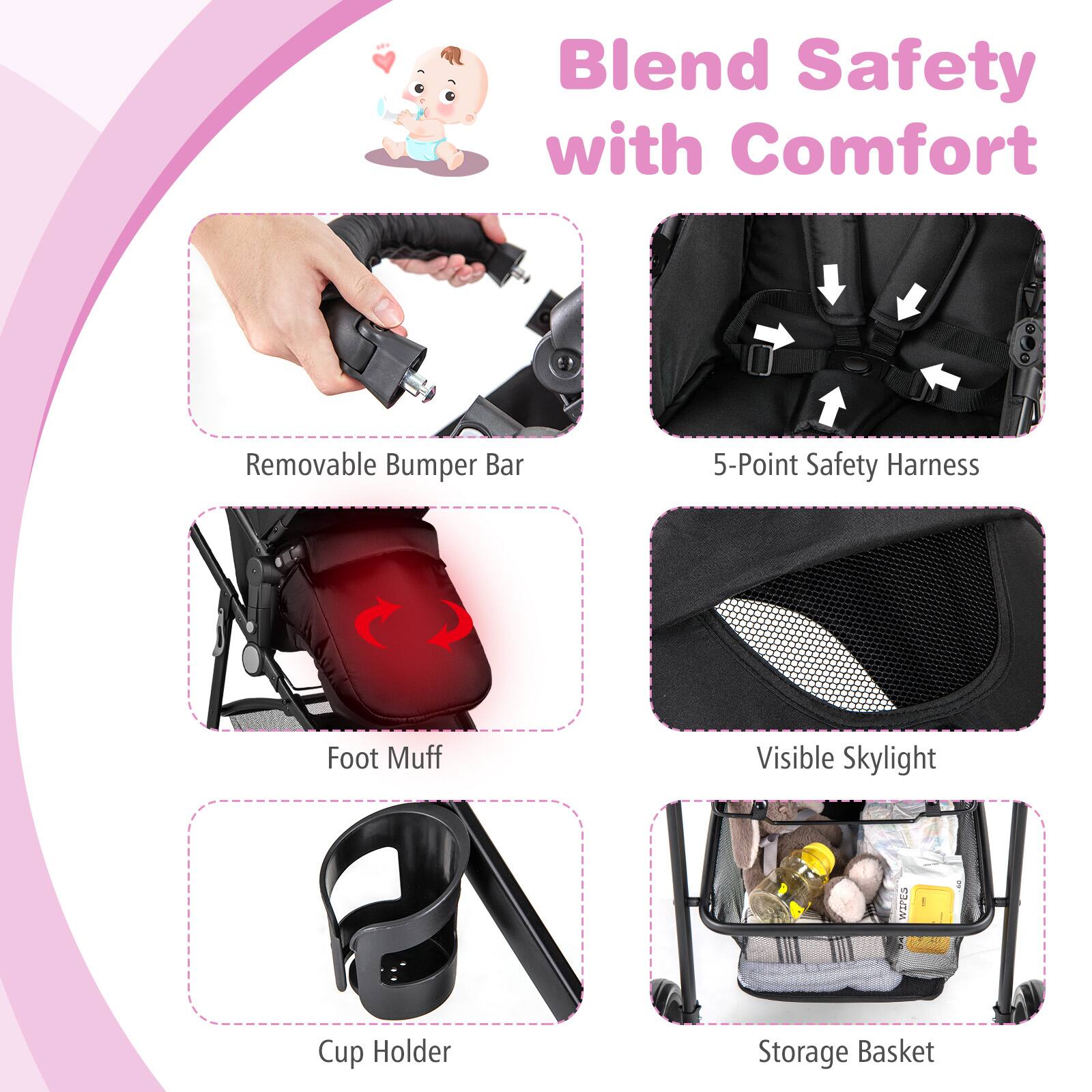 Blend Safety with Comfort

Removable Bumper Bar
5-Point Safety Harness
Foot Muff
Visible Skylight
Cup Holder
Storage Basket
