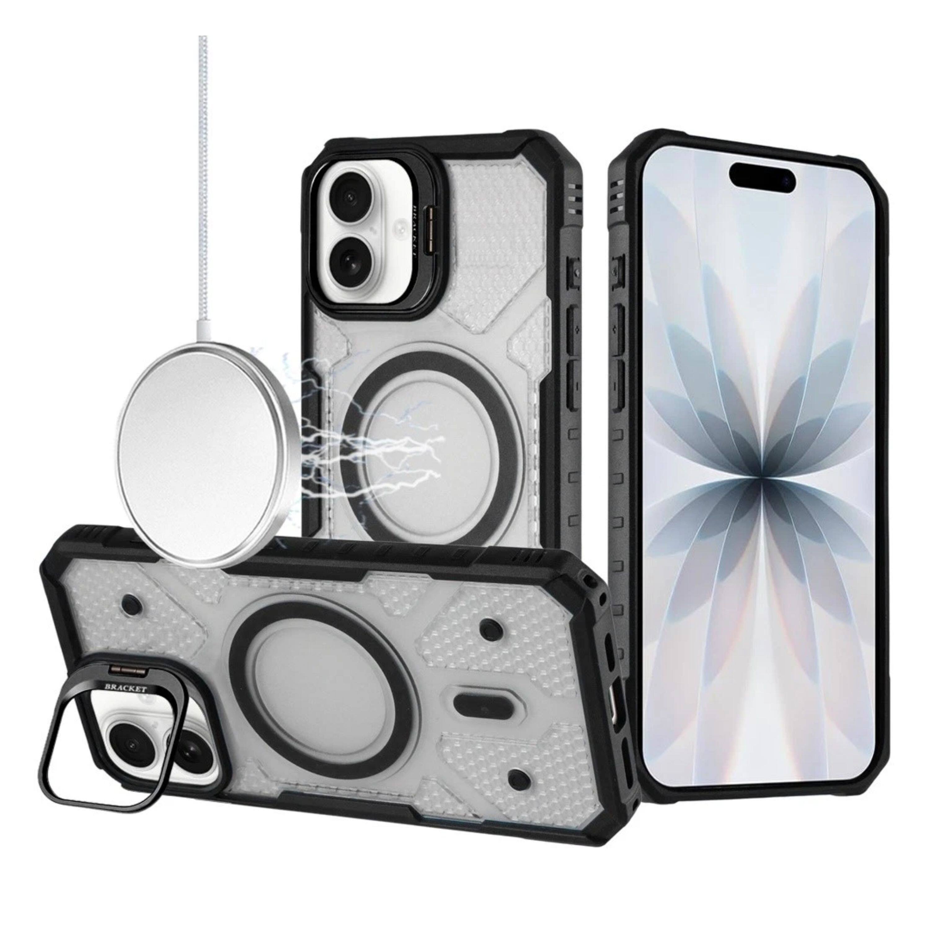 Angle. Kitcheniva - Rugged Camera Stand Phone Case With Magnetic Circle Tempered Glass For iPhone 17 Black - Black.