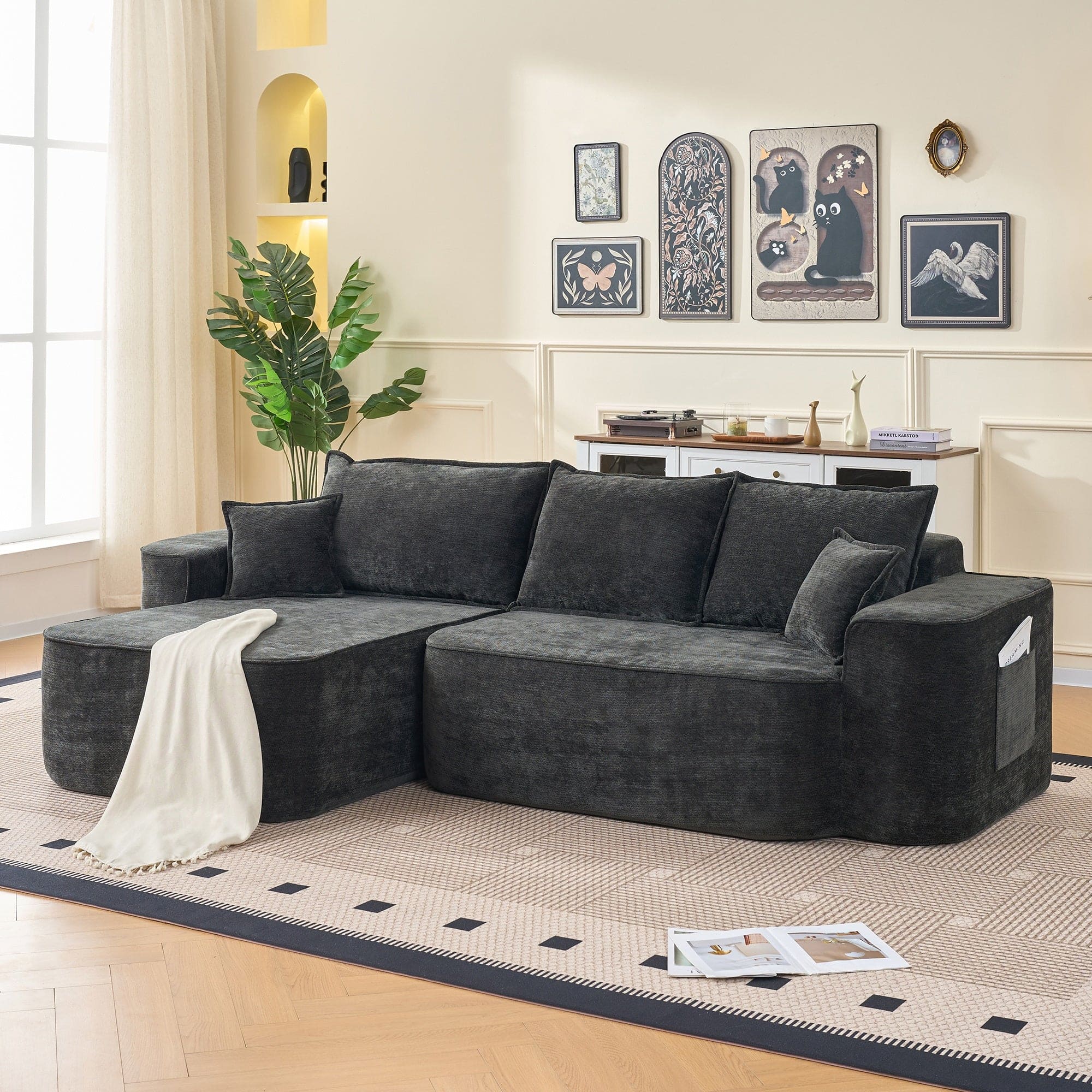 Front. Boyel Living - Compressed Black Chenille Modular Sofa with Side Storage No Assembly Required 4-Seat - Black.