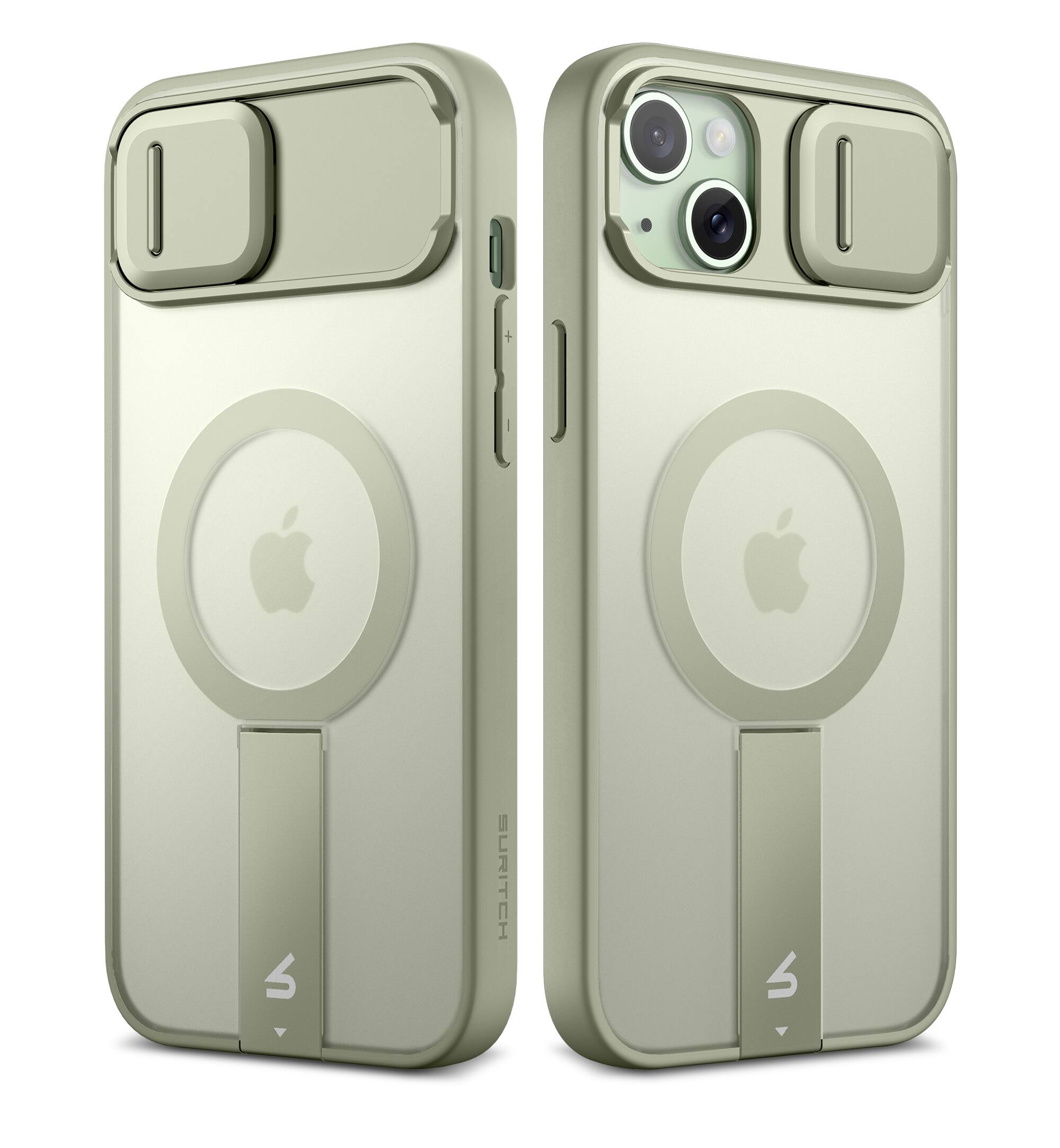 Angle. SURITCH - Rugged Case for iPhone 14 Plus/15 Plus, Compatible with MagSafe, Built-in Kickstand & Camera Cover & Translucent Back - Khaki Green.