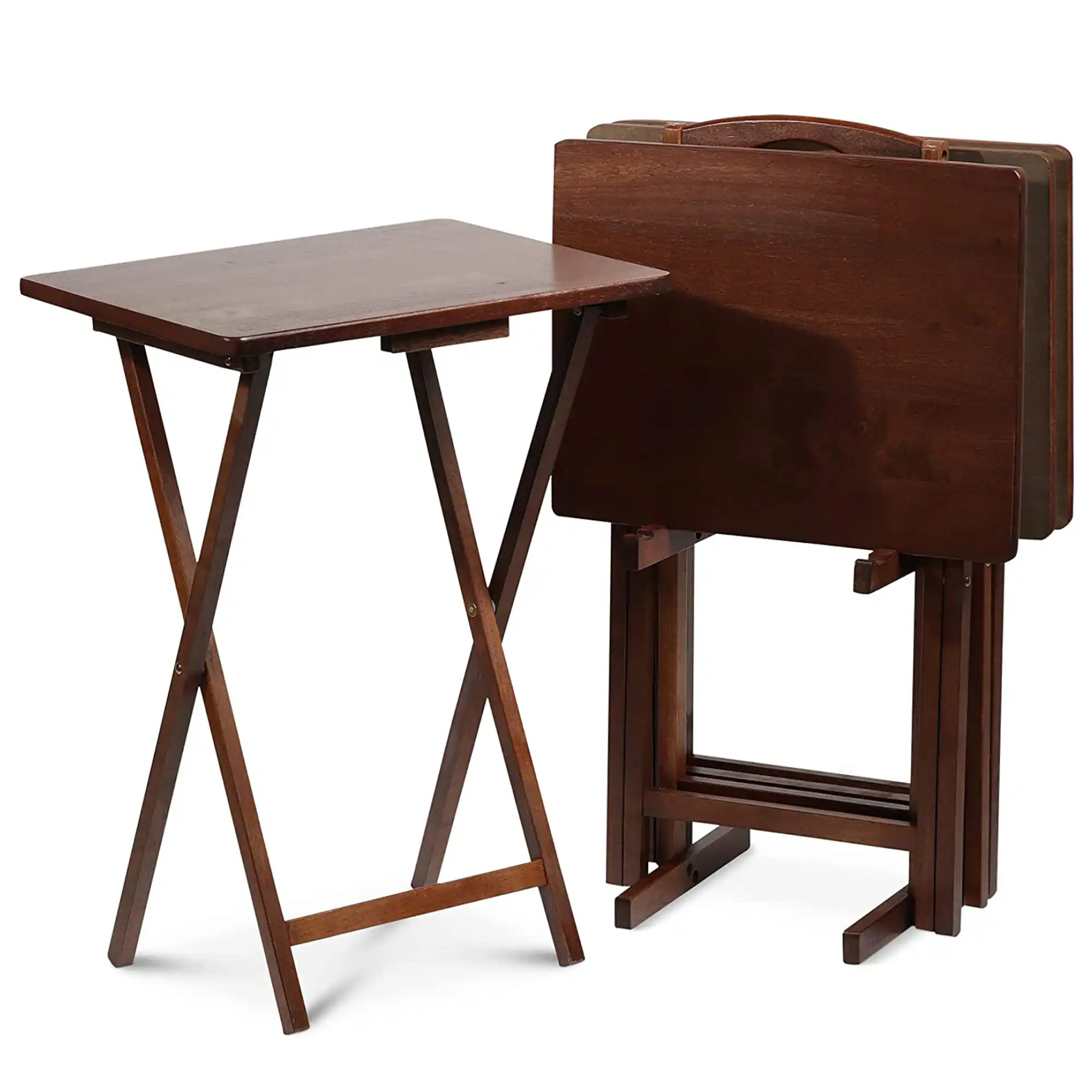 PJ Wood - Folding TV Tray Tables with Compact Storage Rack, 5 Piece Set - Honey Oak