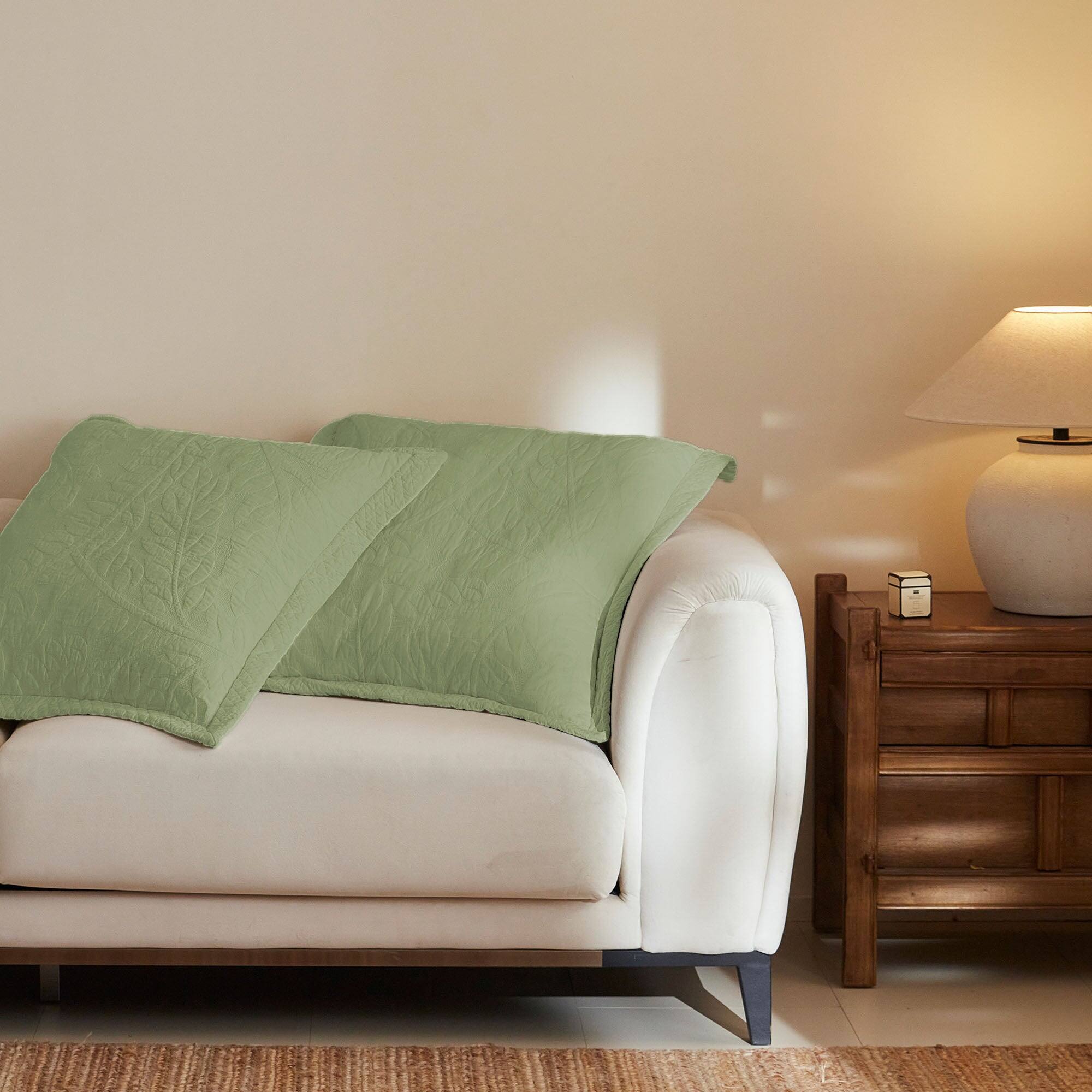 Left. MarCielo - 100% Cotton Embroidered Quilted Pillow Shams Set of 2, 26"x26" Euro Size - Green.