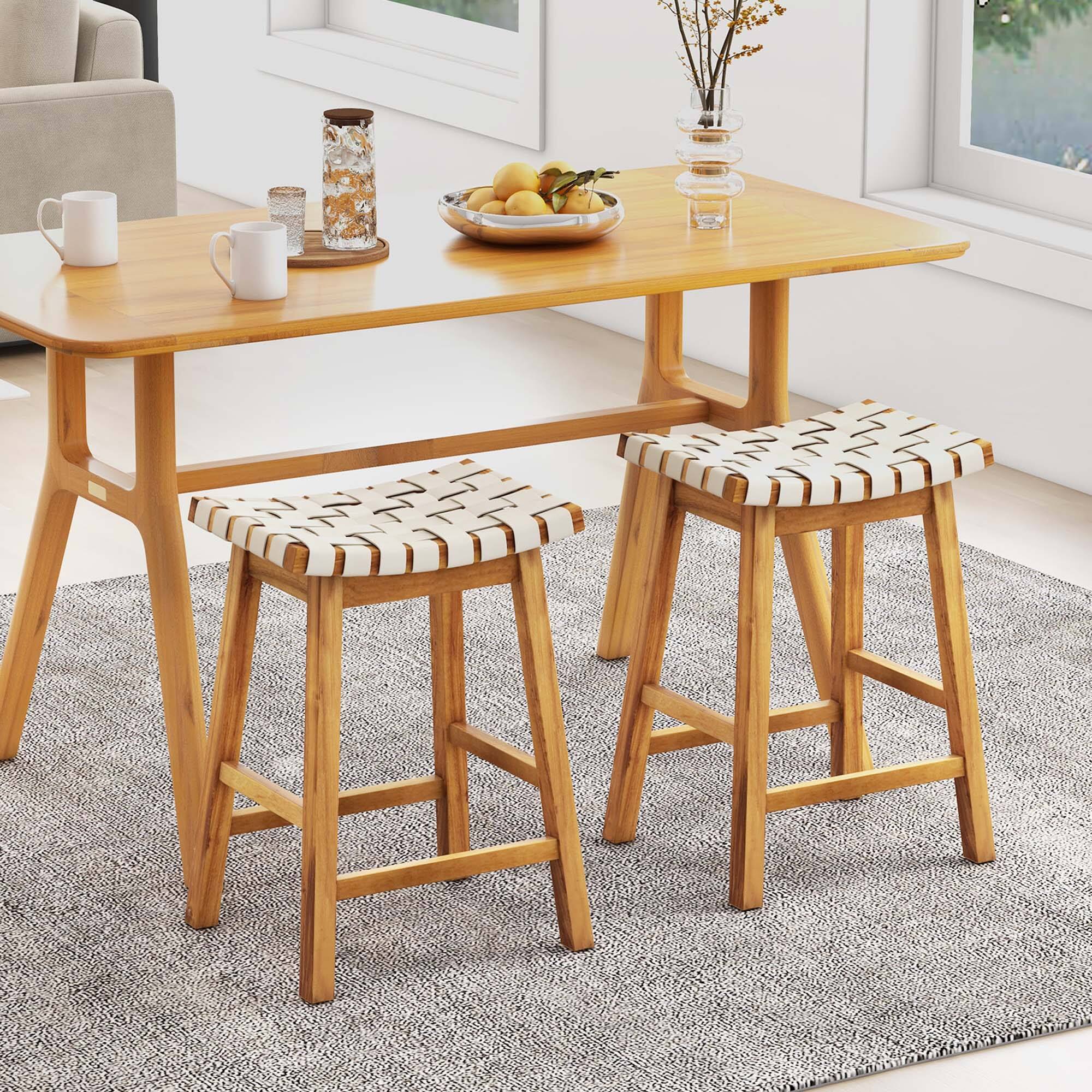 Alt View 3. Costway - Costway Woven Saddle Stools Set of 2 25.5" Faux PU Leather Counter Height Kitchen Stool Beige - Beige.
