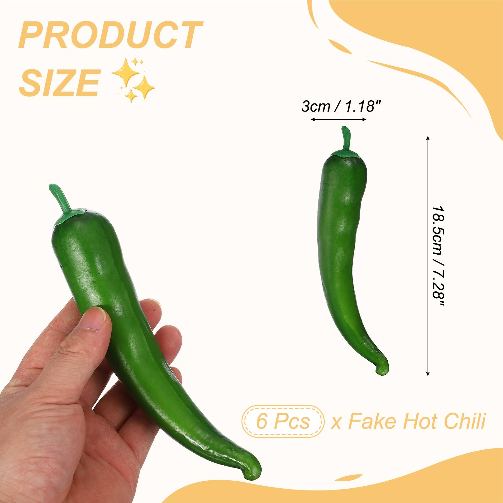 PRODUCT SIZE  
3cm / 1.18"  
18.5cm / 7.28"  
6 Pcs x Fake Hot Chili