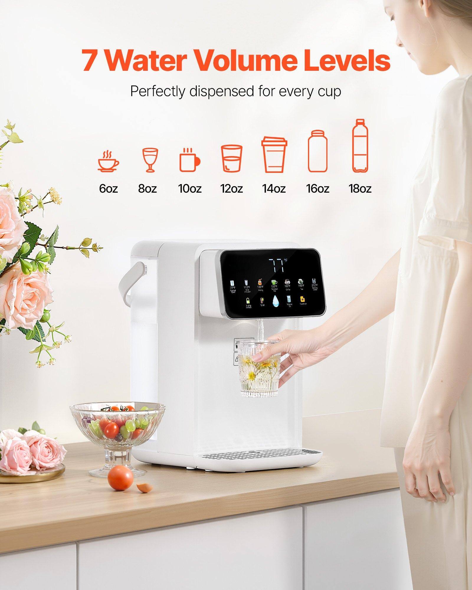 7 Water Volume Levels  
Perfectly dispensed for every cup  

6oz 8oz 10oz 12oz 14oz 16oz 18oz