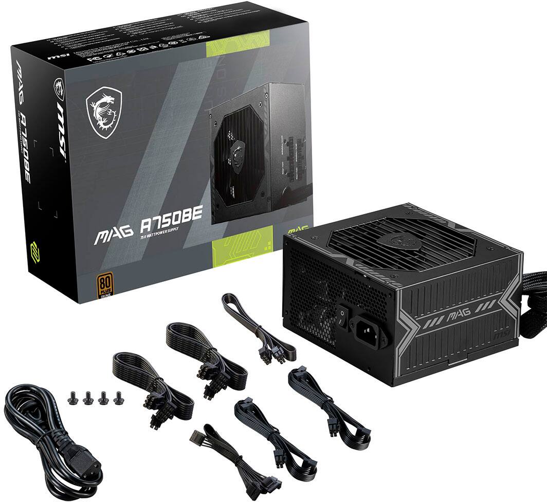 The image features a box containing a MAG RASOBE computer system, which includes a power supply, motherboard, and other components. The box is open, revealing the various parts inside. The power supply is located at the bottom of the box, while the motherboard is positioned in the middle. The other components are scattered around the box, showcasing the different parts of the computer system.