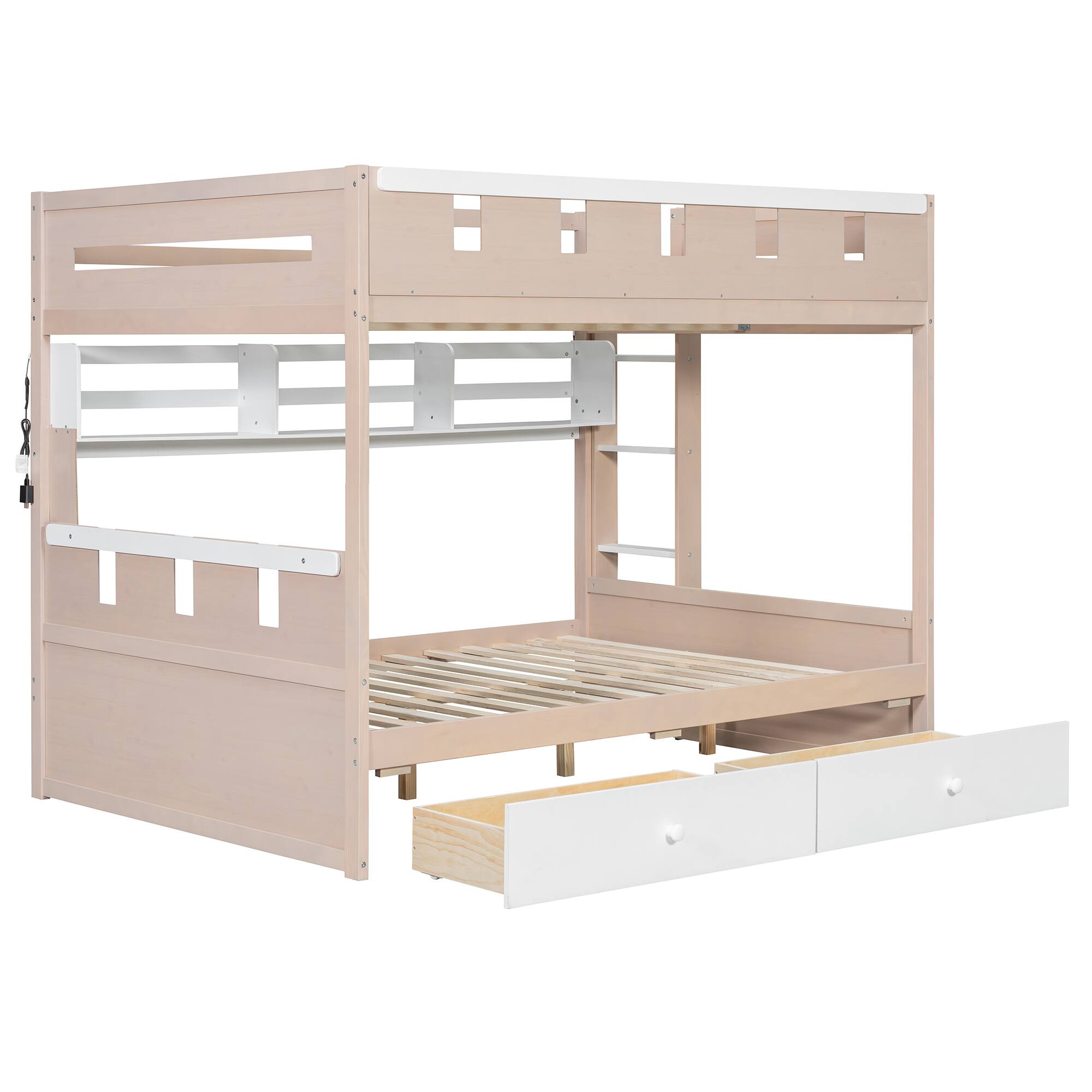 Back. Anysun - Full Size Castle Style Bunk Bed with 2 Drawers,Shelf,and LED - White.