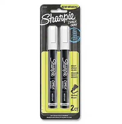 NEW/NOUVEAU
Sharpie
CHALK CRAIE
Sharpie CHALK
MEDIUM
2 CT
WATERBASED CHALK MARKER
MEDIUM CHALK CRAIE AVEC ENCRE AQUATIQUE
OPAQUE COLORS ET OPACITIES
COULEURS ET OPACITES OPACES
EASY TO ERASE
ÉRASABLE FACILEMENT