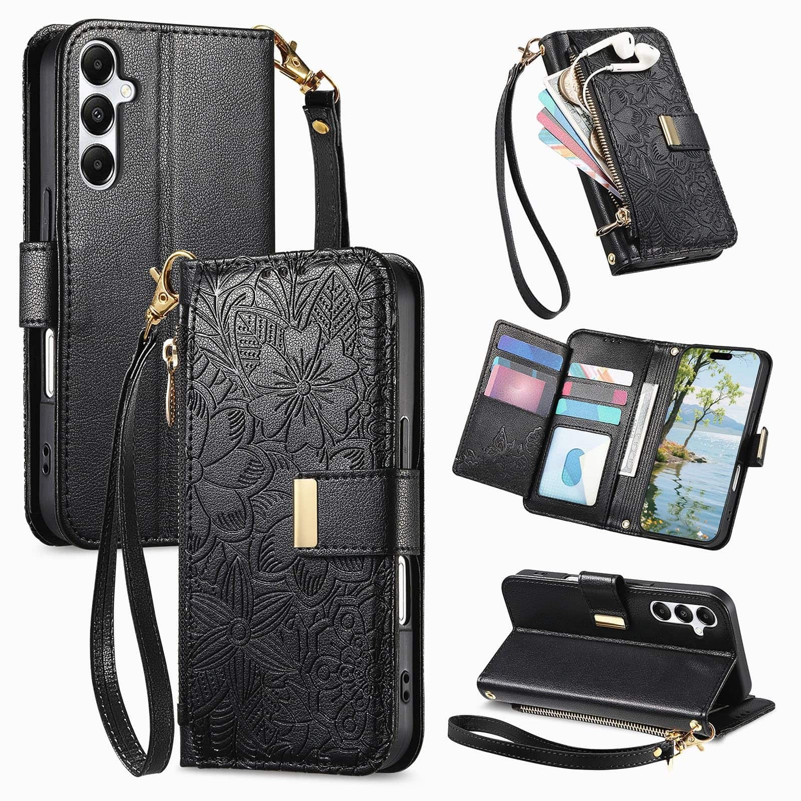 UUCOVER - Floral PU Leather Wallet Case for Samsung Galaxy A16 5G with Zipper Pocket, Cash Card Slot, Shoulder & Wrist Strap - Black price history on PriceWatchPro