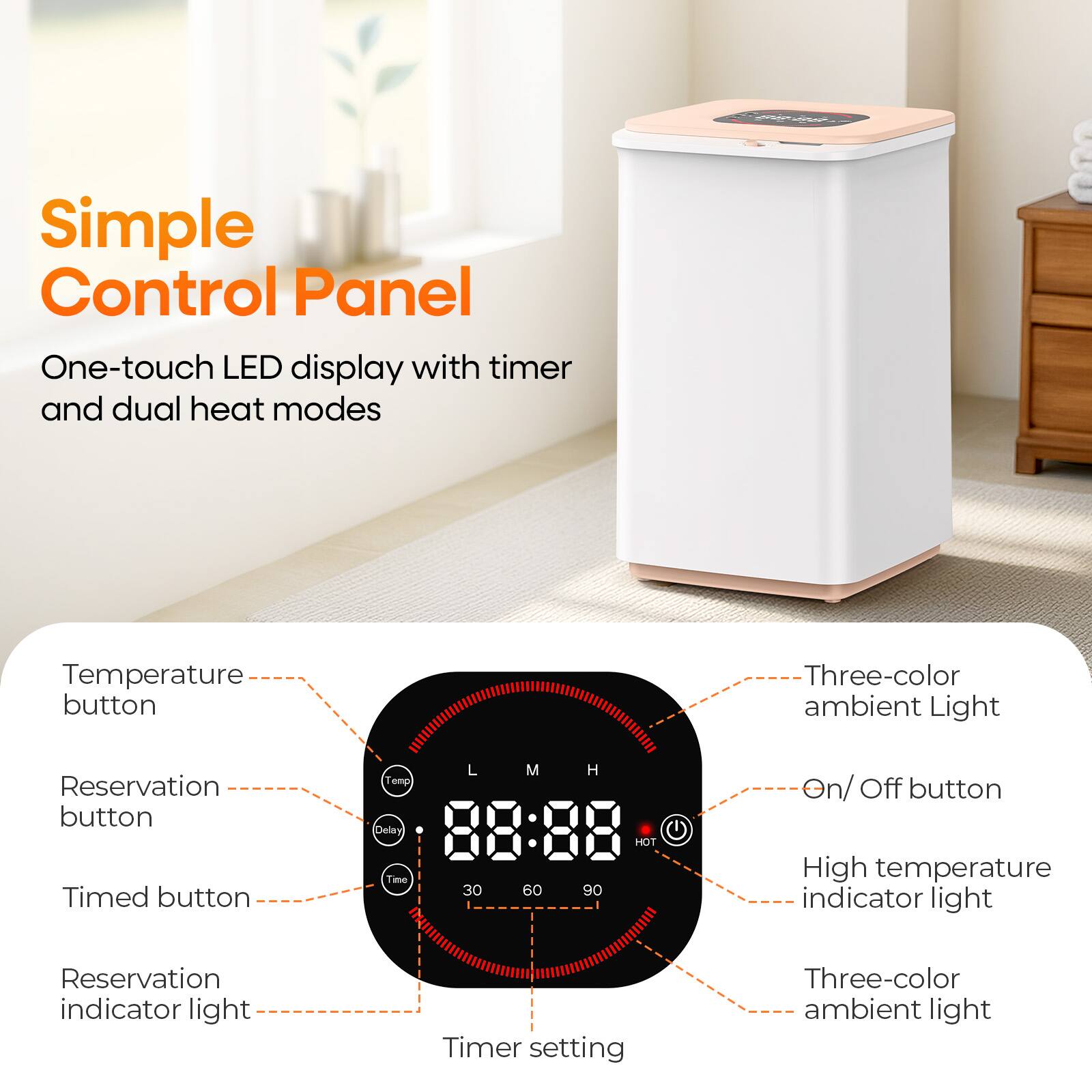 Simple Control Panel

One-touch LED display with timer and dual heat modes

- Temperature button
- Reservation button
- Timed button
- Reservation indicator light
- Timer setting
- Three-color ambient light
- On/Off button
- High temperature indicator light
- Three-color ambient light

L M H Temp Delay 88:88 HOT Time 30 60 90