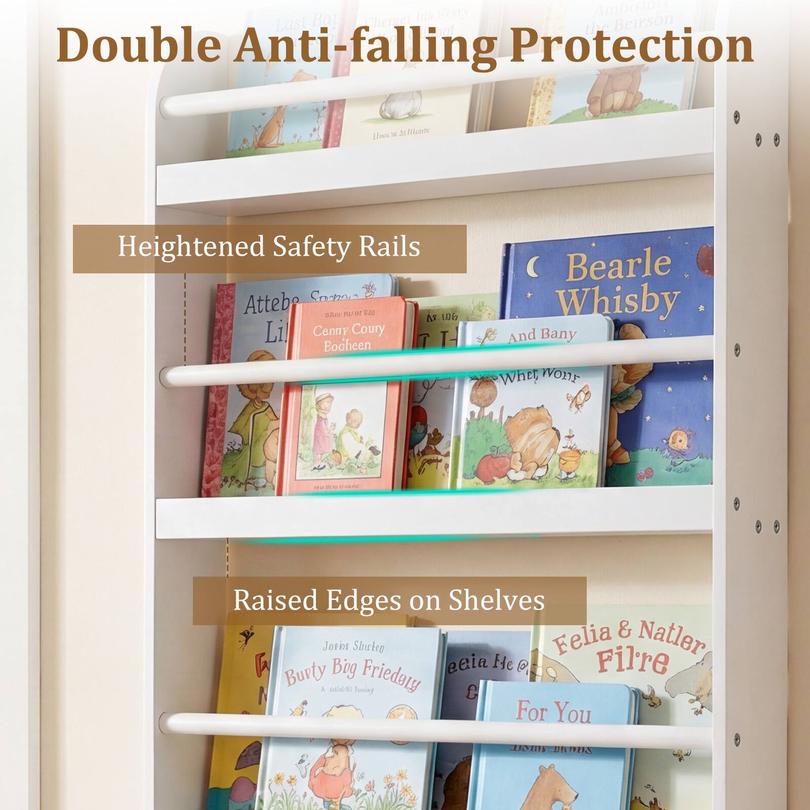Double Anti-falling Protection

Heightened Safety Rails

Raised Edges on Shelves