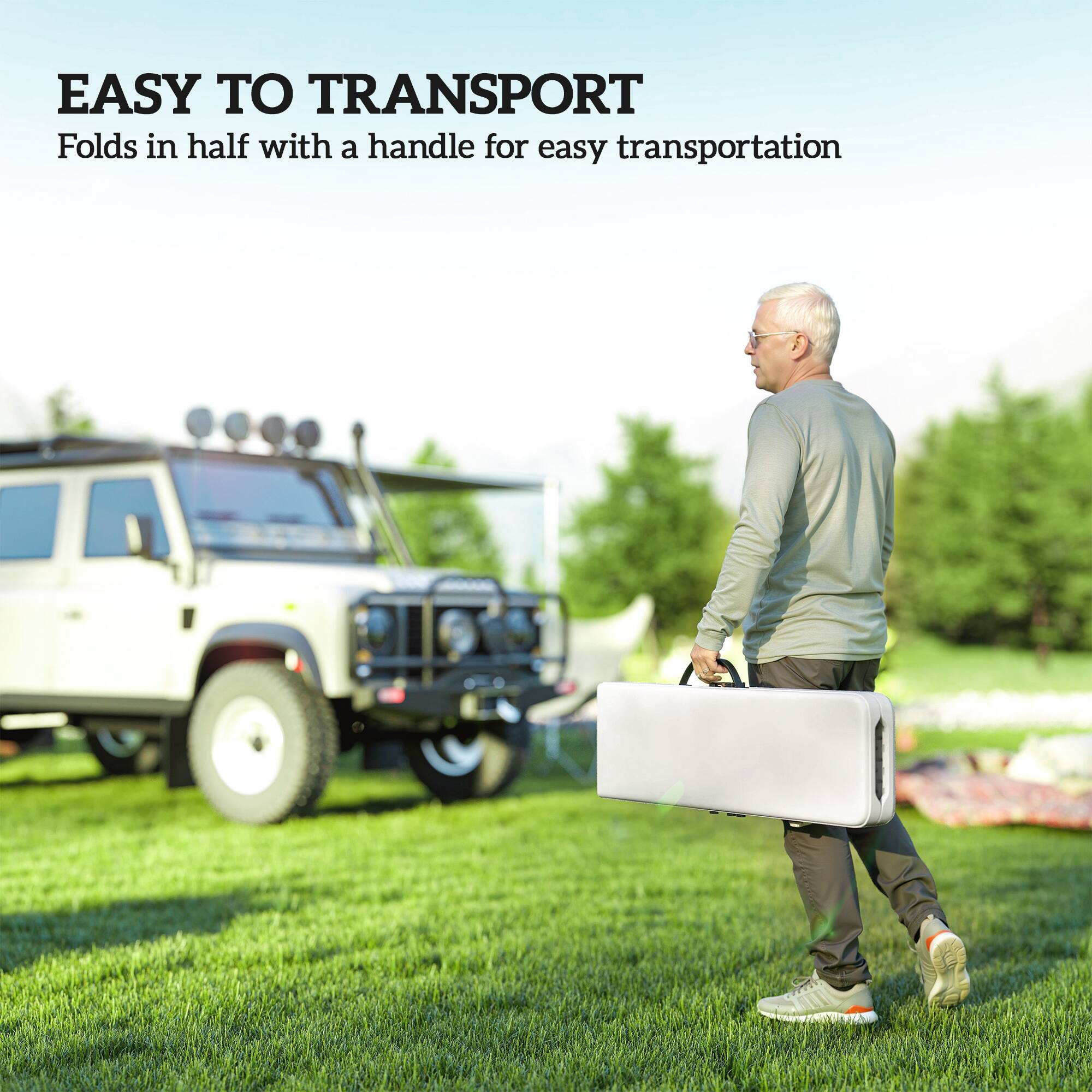 EASY TO TRANSPORT  
Folds in half with a handle for easy transportation