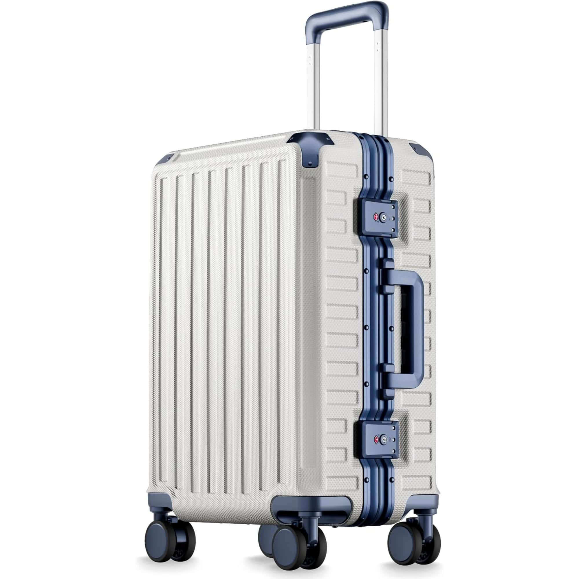 LUGGEX - 20 Inch Carry On Luggage Zipperless Aluminum Frame Hardside 100% PC Suitcase 8010S - ZX-Core - White & Navy