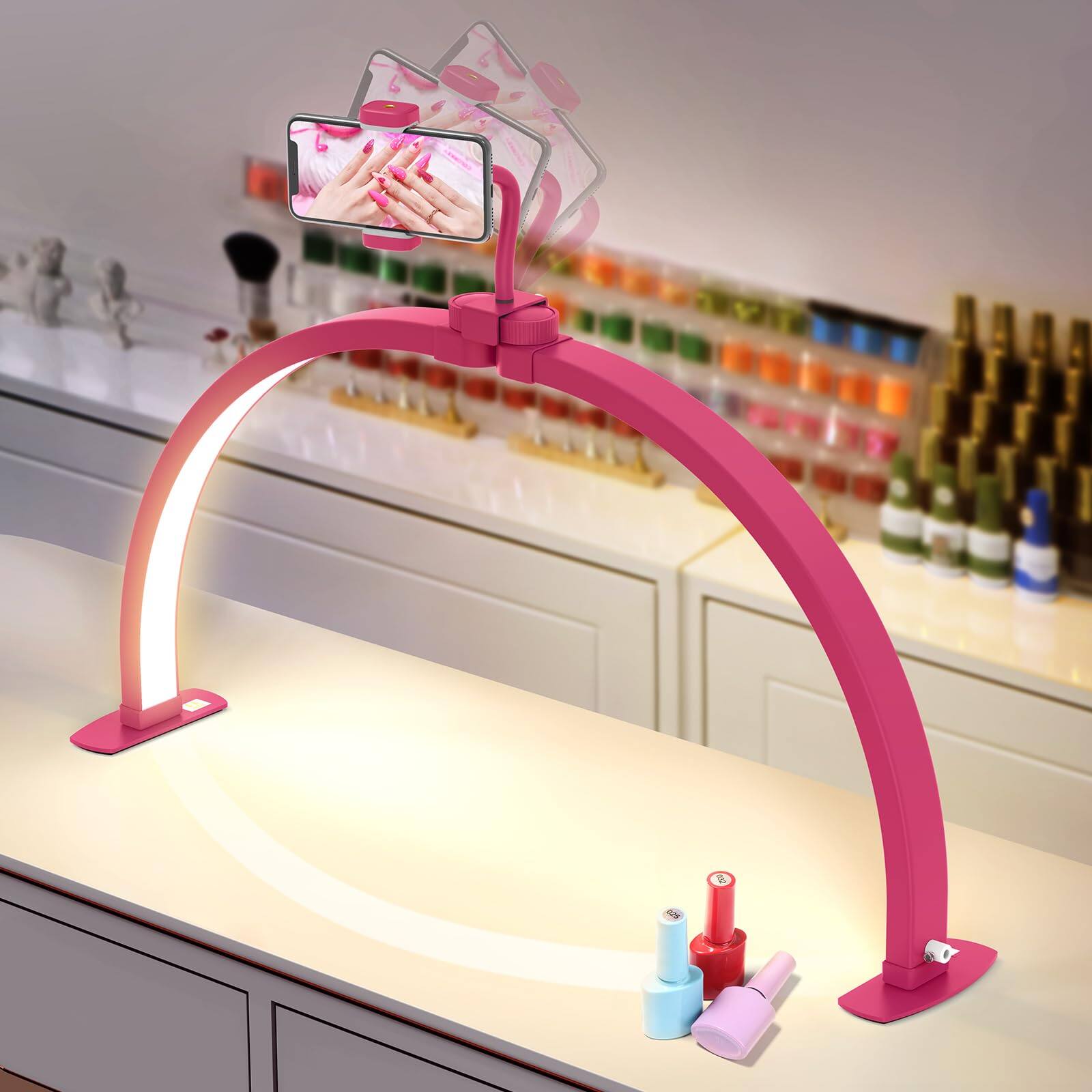 Front. Comfort Essence - Half Moon Light For Desk: Foldable Desk Lamp With Phone Holder Beginner - Arch Tech 3 Color Modes & 10 - Rose Red Large.