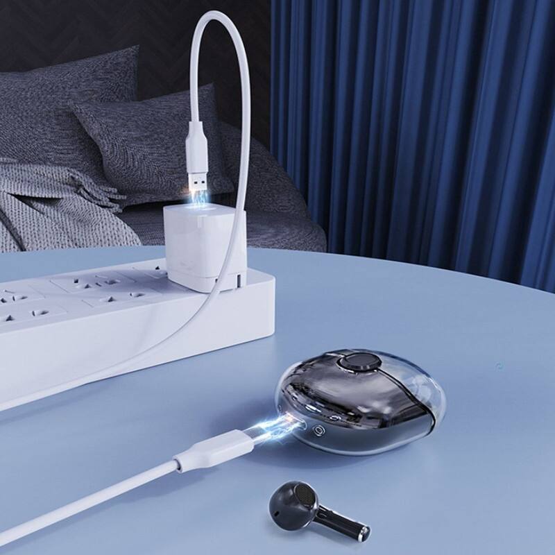 Back. SKRAN - Clear Top Bluetooth Earphone With Charger - TWS Wireless Earbuds with Transparent Lid Charging Case, HiFi Stereo Sound - Black.