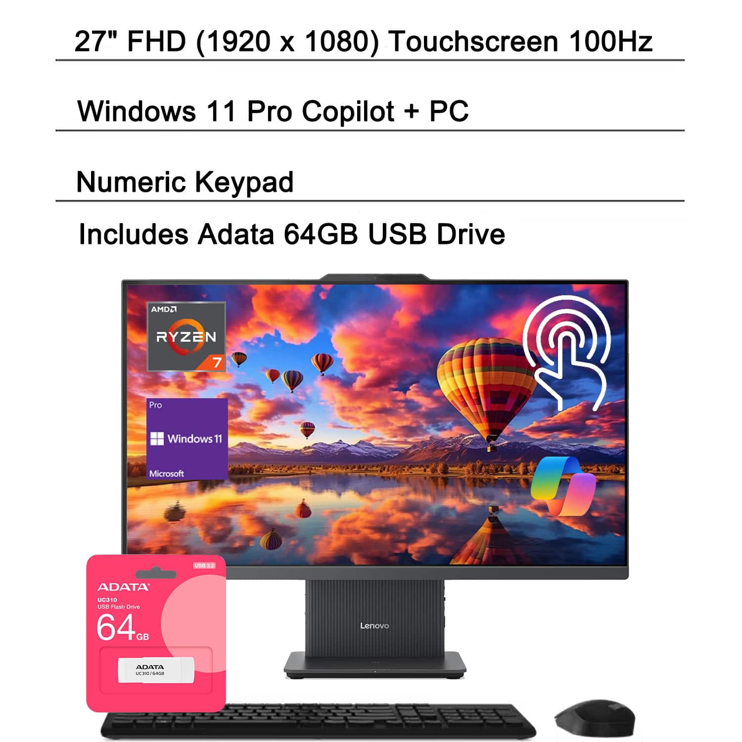 Lenovo - IdeaCentre 27" FHD All-in-One - Wireless KB & M - AMD Ryzen 7 8845HS - 16GB RAM, 2TB SSD - For Power Home & Pro Work - Gray