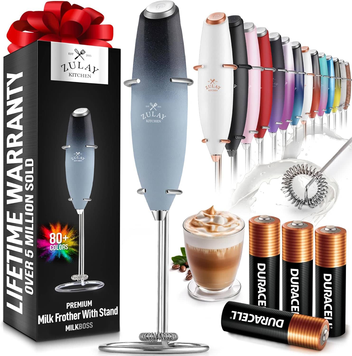 ZULAY KITCHEN  
EST 2015  

LIFETIME WARRANTY  
OVER 5 MILLION SOLD  

80+ COLORS  

PREMIUM Milk Frother With Stand  
MILKBOSS  

DURACELL