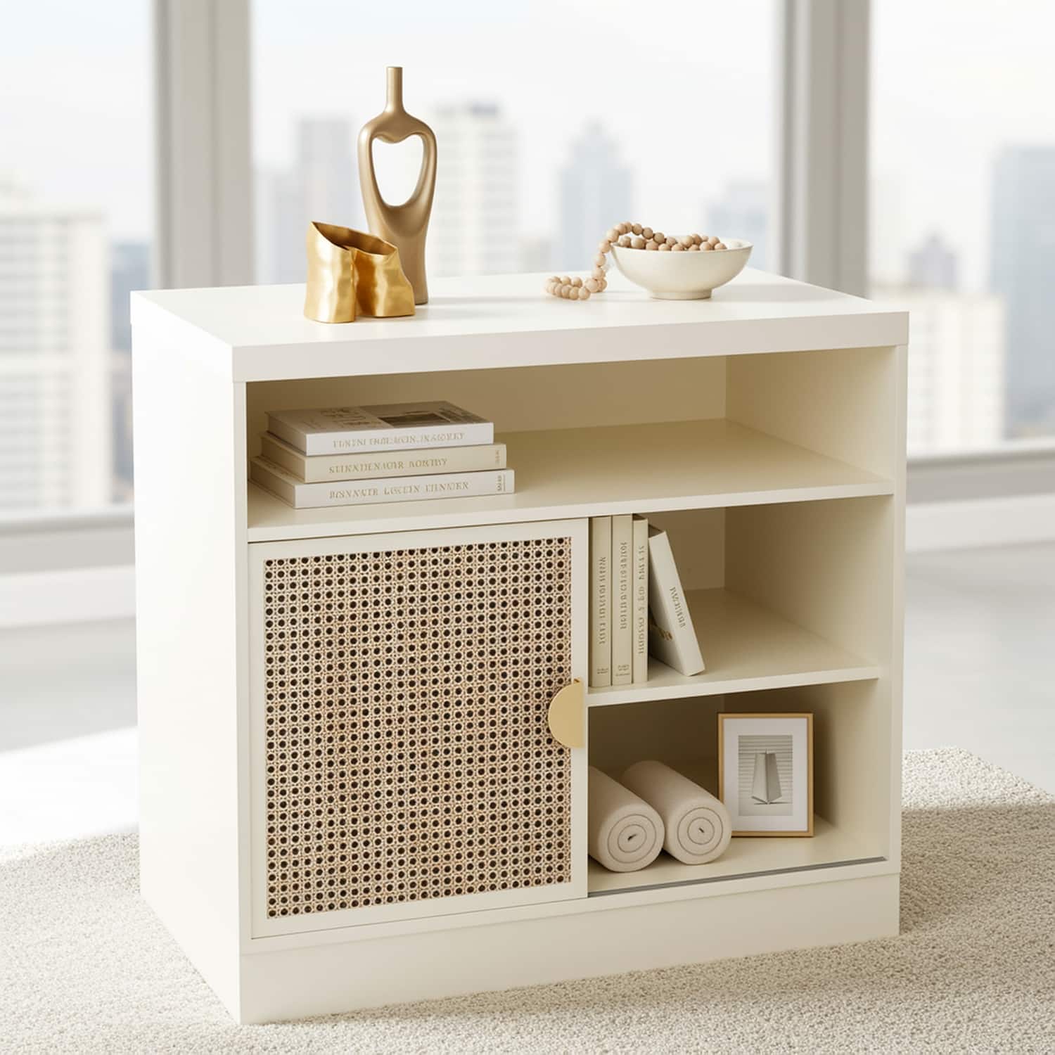 ModernMate - Modern Wood Accent Cabinet with Sliding Door - White Rattan