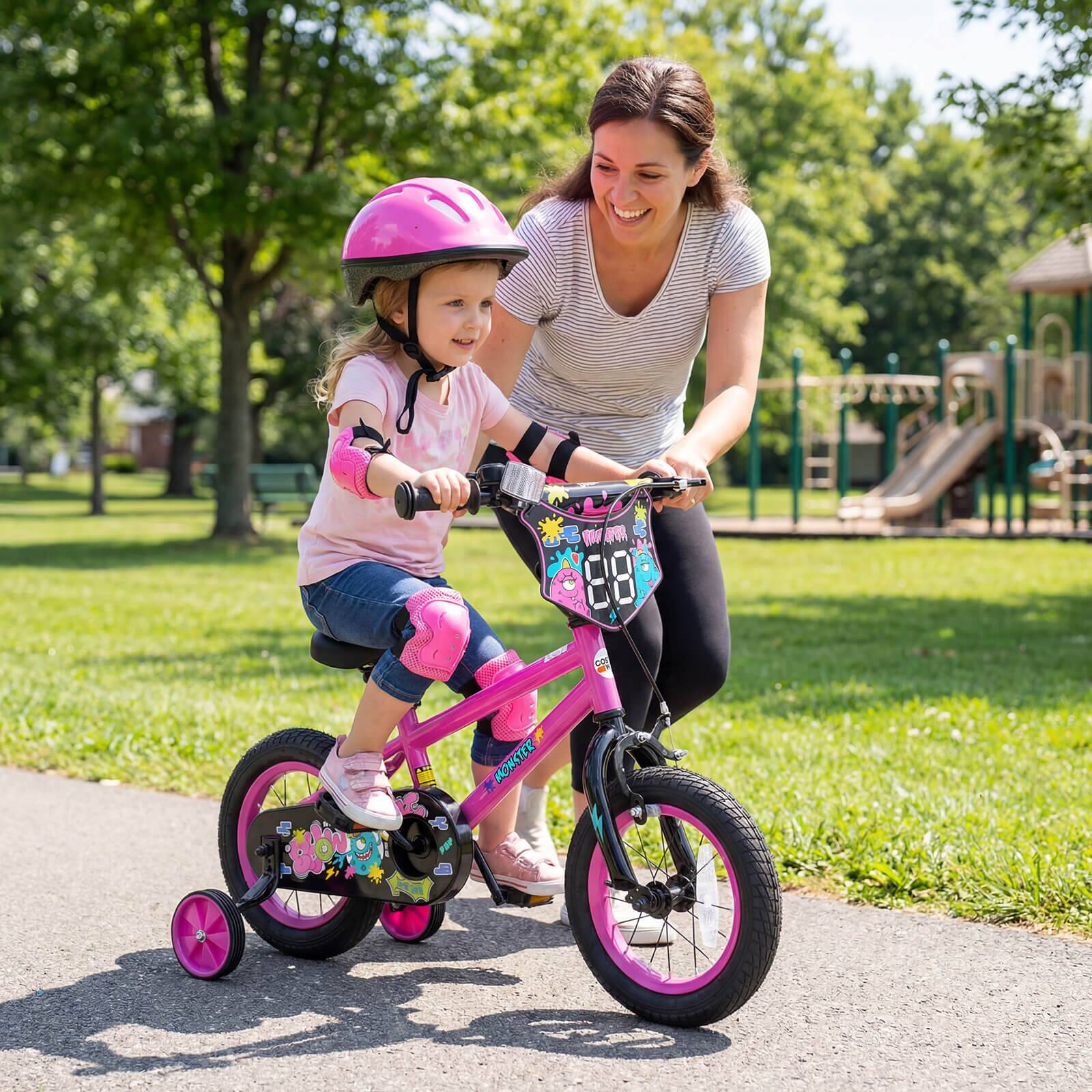 Alt View 3. Costway - Costway 12 Inch Kids Bike with Training Wheels, Dual Hand & Coaster Brakes, Adjustable Seat - Pink.