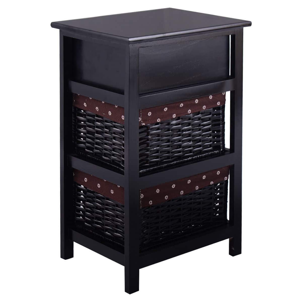 Alt View 20. Costway - Black Night Stand 3 Tiers 1 Drawer Bedside End Table Organizer Wood with 2 Baskets - Black.