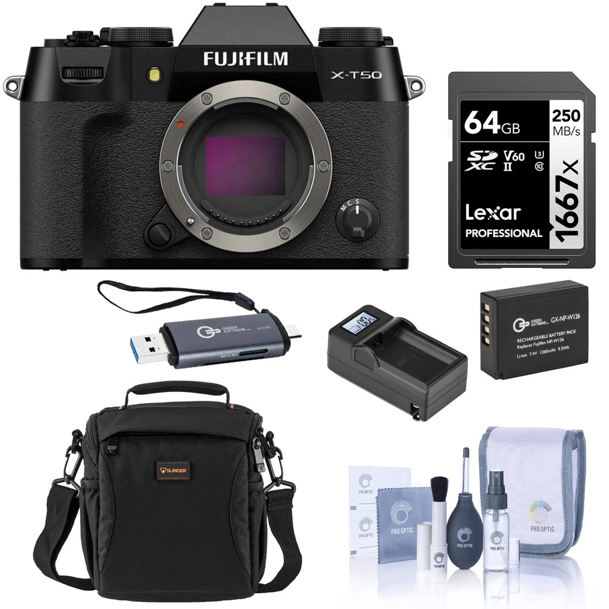 FUJIFILM X-T50 M  
64GB 250 MB/s SDXC II V60  
Lexar PROFESSIONAL 1667x  
GX-NR-W12E Rechargeable Battery Pack  
SLINGER HCTC NY  
PRO OPTIC PRO OPTIC FE IS