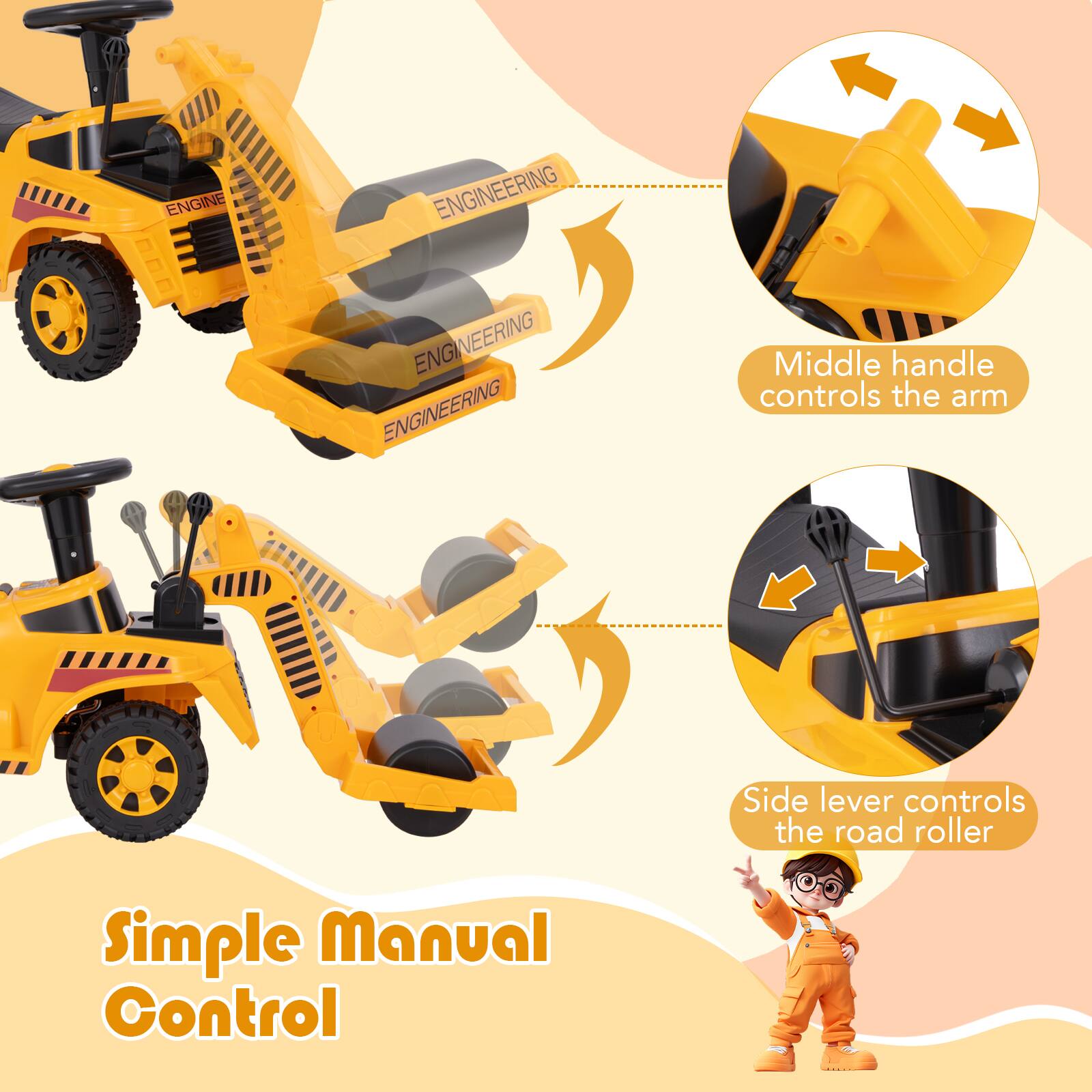 Simple Manual Control

Middle handle controls the arm

Side lever controls the road roller