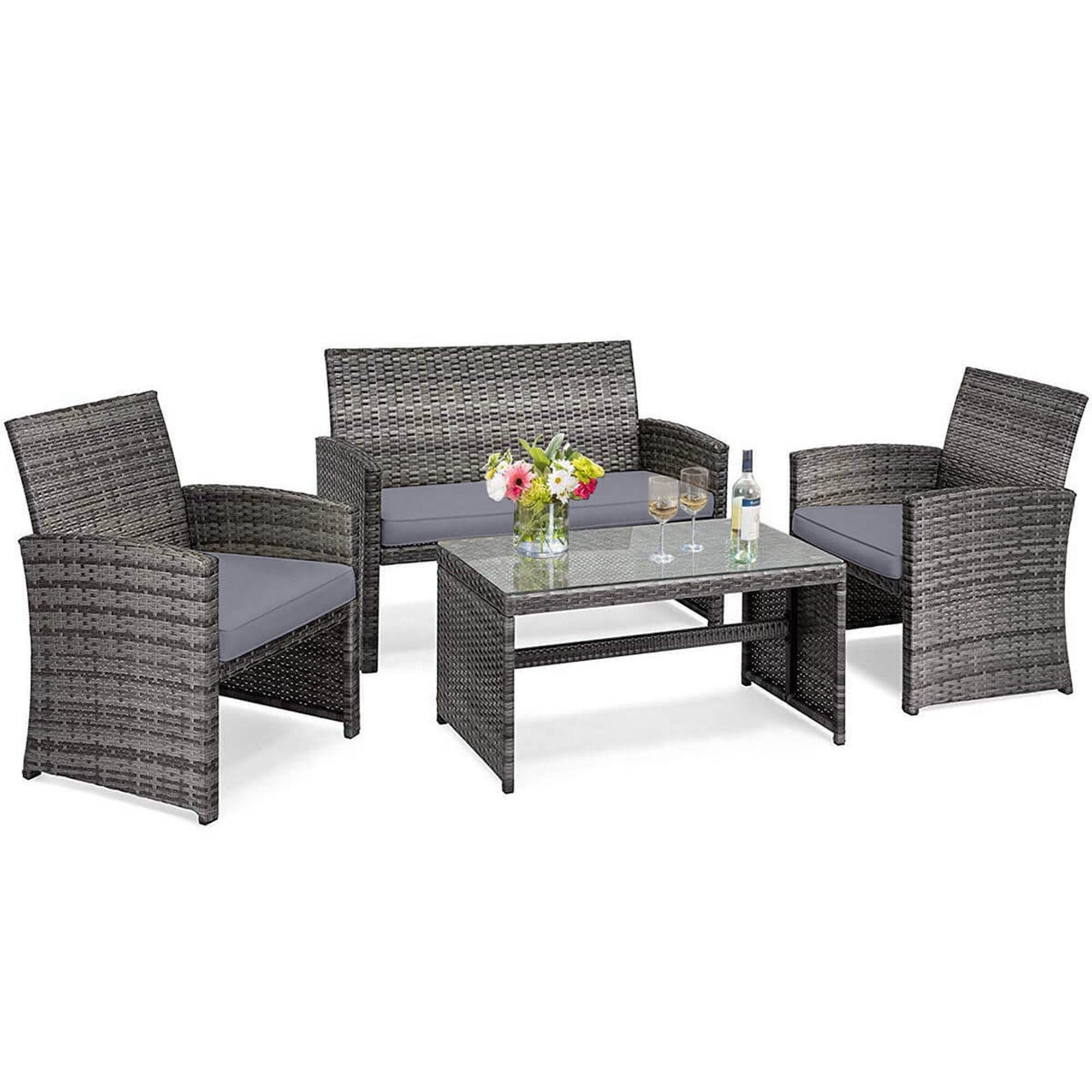 Gymax - Set of 4 Rattan Furniture Set Conversation Glass Table Top Cushioned Sofa Patio - Mix grey