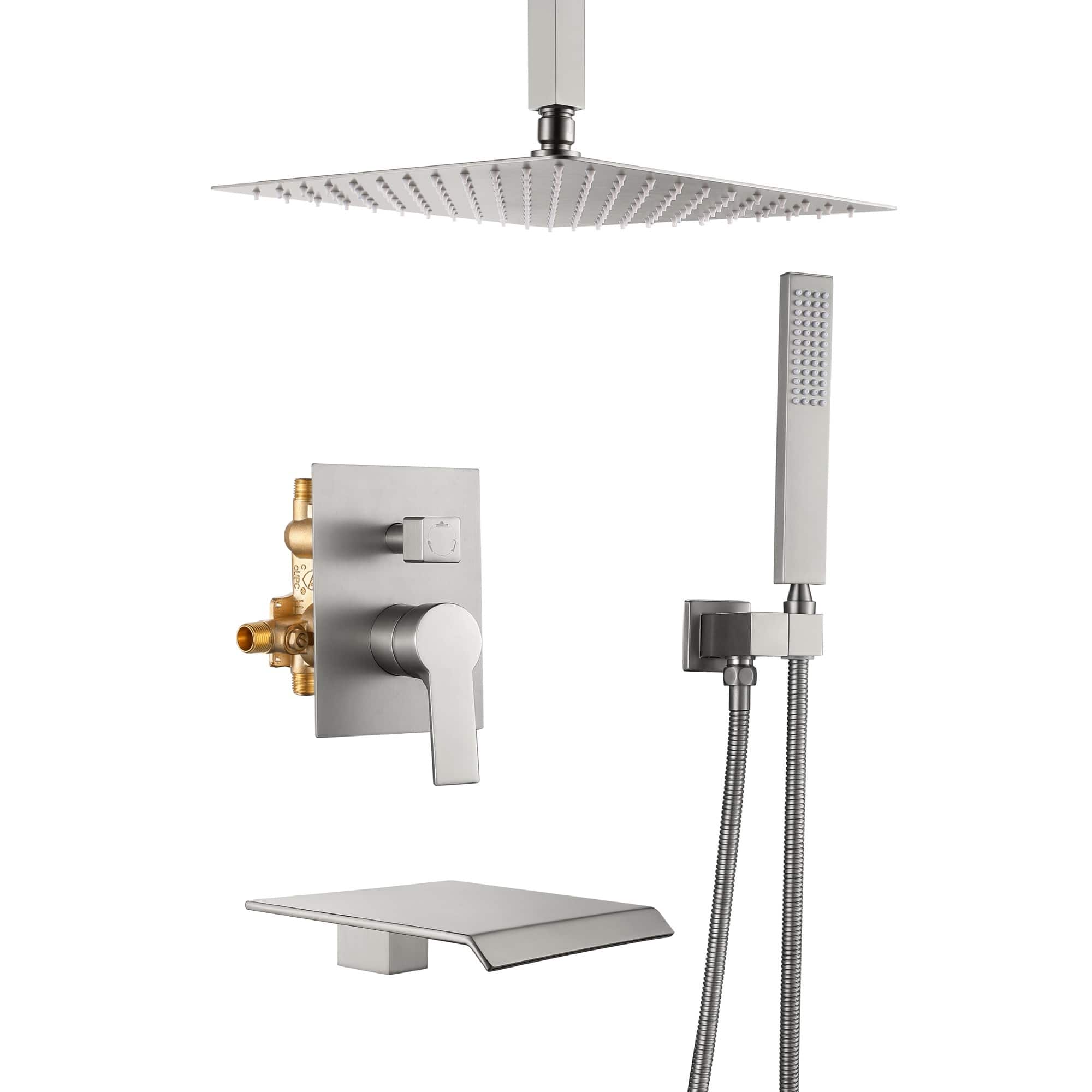 Front. Boyel Living - Brushed Nickel 12-Inch Rain Shower System Brass SUS304 3-Function Valve Waterfall Spout cUPC - Brushed Nickel.