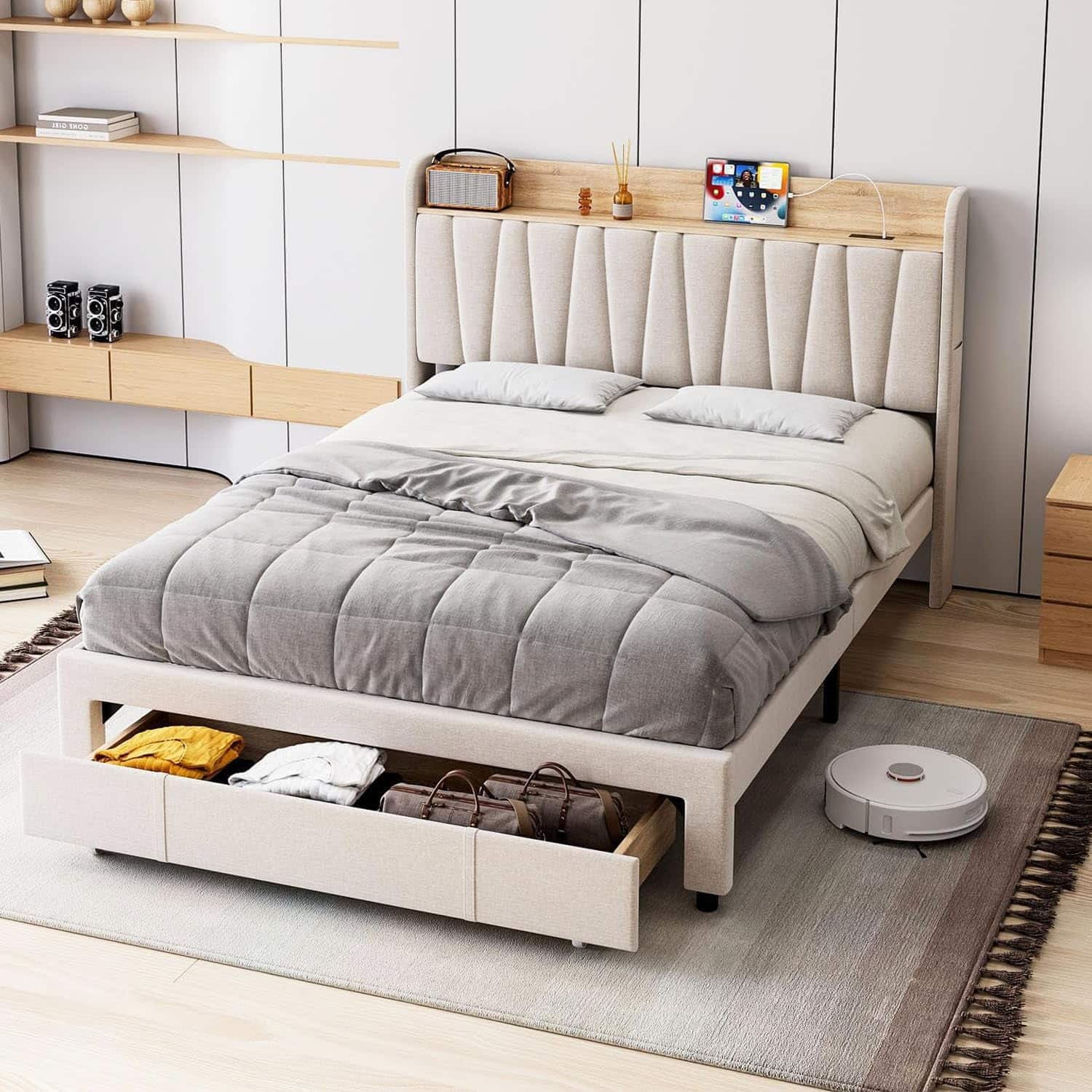 GARVEE - Full Size Bed Frame Storage Headboard Platform Drawers Charging Station Easy Assembly Beige - Beige Full