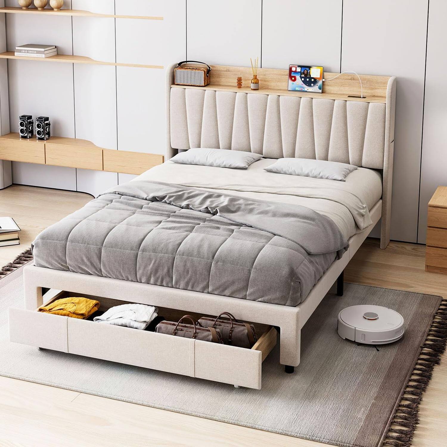 Front. GARVEE - Full Size Bed Frame Storage Headboard Platform Drawers Charging Station Easy Assembly Beige - Beige Full.