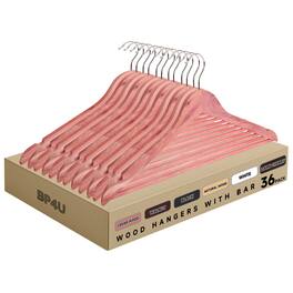 BP4U - 36-Pack Wooden Suit Coat Hangers with Pant Bar, Clothes Hangers for Jackets, Shirts, Dresses, Trousers - Cedar Wood