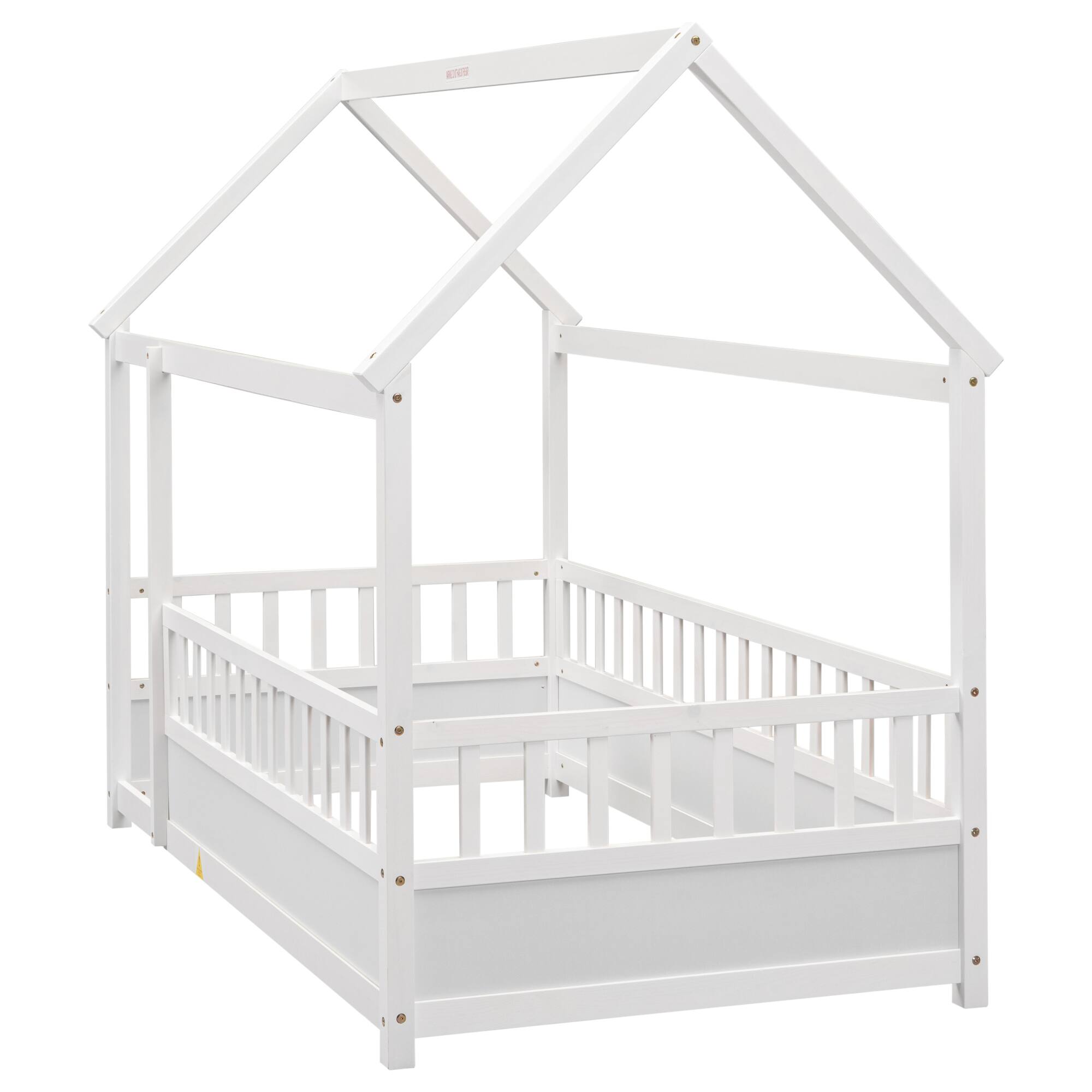 Alt View 4. GOODSILO - Twin Size Floor Bed with Playhouse Roof Design and Safety Guardrails for Children's Bedroom - White.