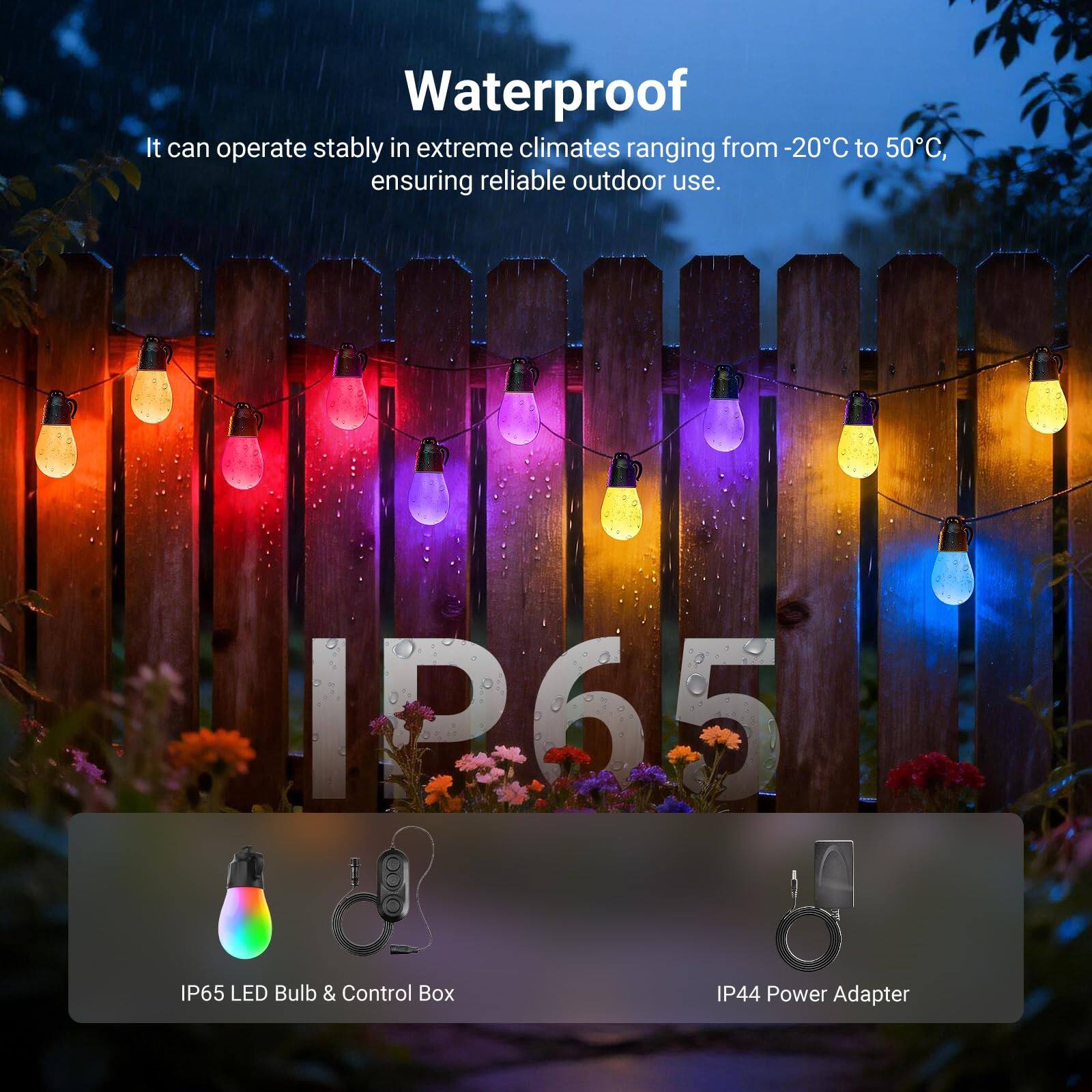 Waterproof

It can operate stably in extreme climates ranging from -20°C to 50°C, ensuring reliable outdoor use.

165 IP65 LED Bulb & Control Box
IP44 Power Adapter