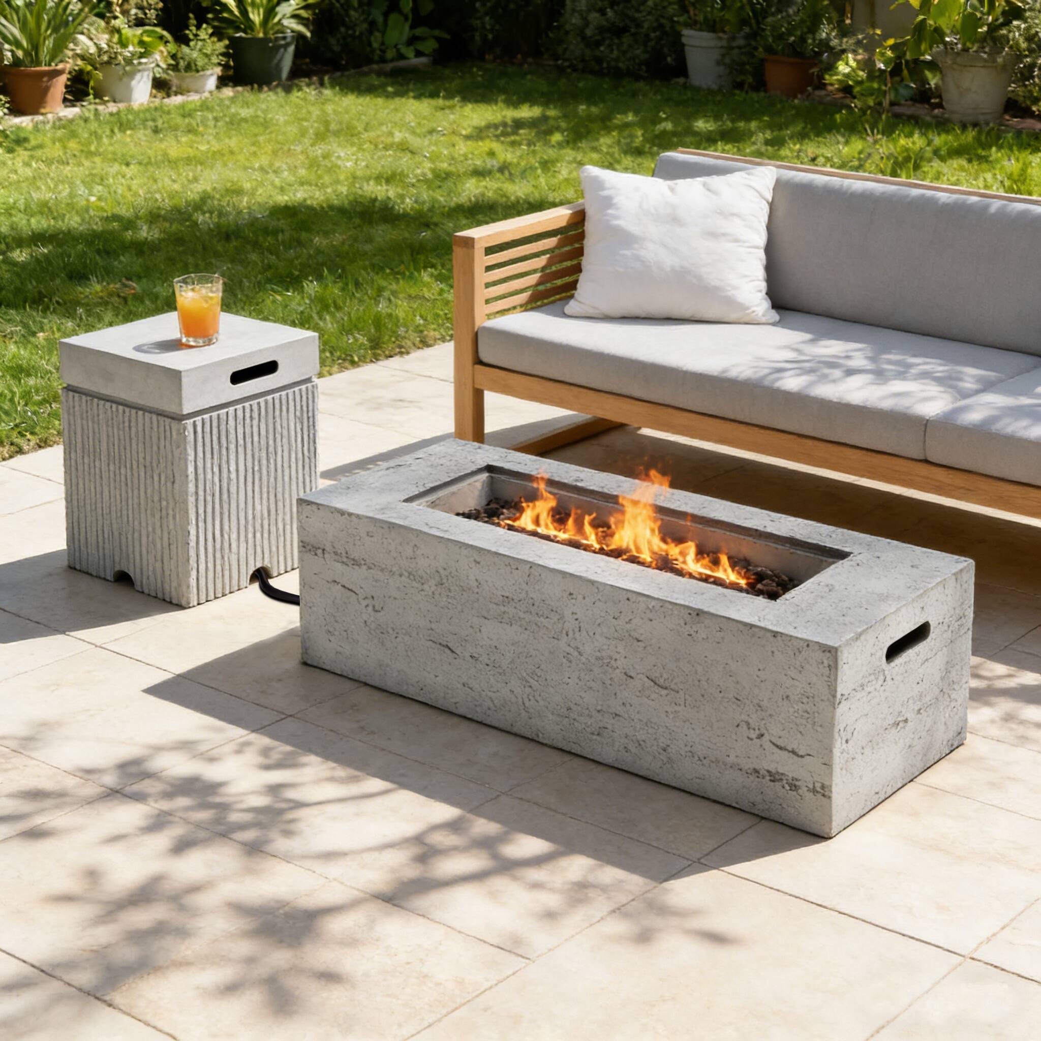 Front. Whisen - 2-Piece Propane Fire Pit Table Set, MGO Rectangle Fire Pit with Tank Cover Side Table for Patio - Light Gray.