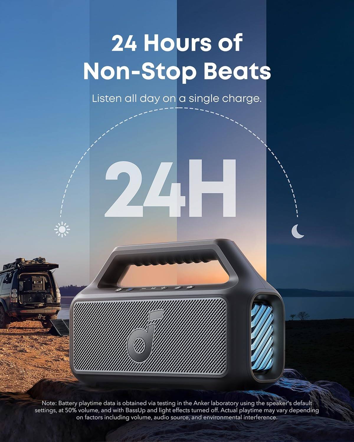 24 Hours of Non-Stop Beats  
Listen all day on a single charge.  

24H  

Note: Battery playtime data is obtained via testing in the Anker laboratory using the speaker's default settings, at 50% volume, and with BassUp and light effects turned off. Actual playtime may vary depending on factors including volume, audio source, and environmental interference.
