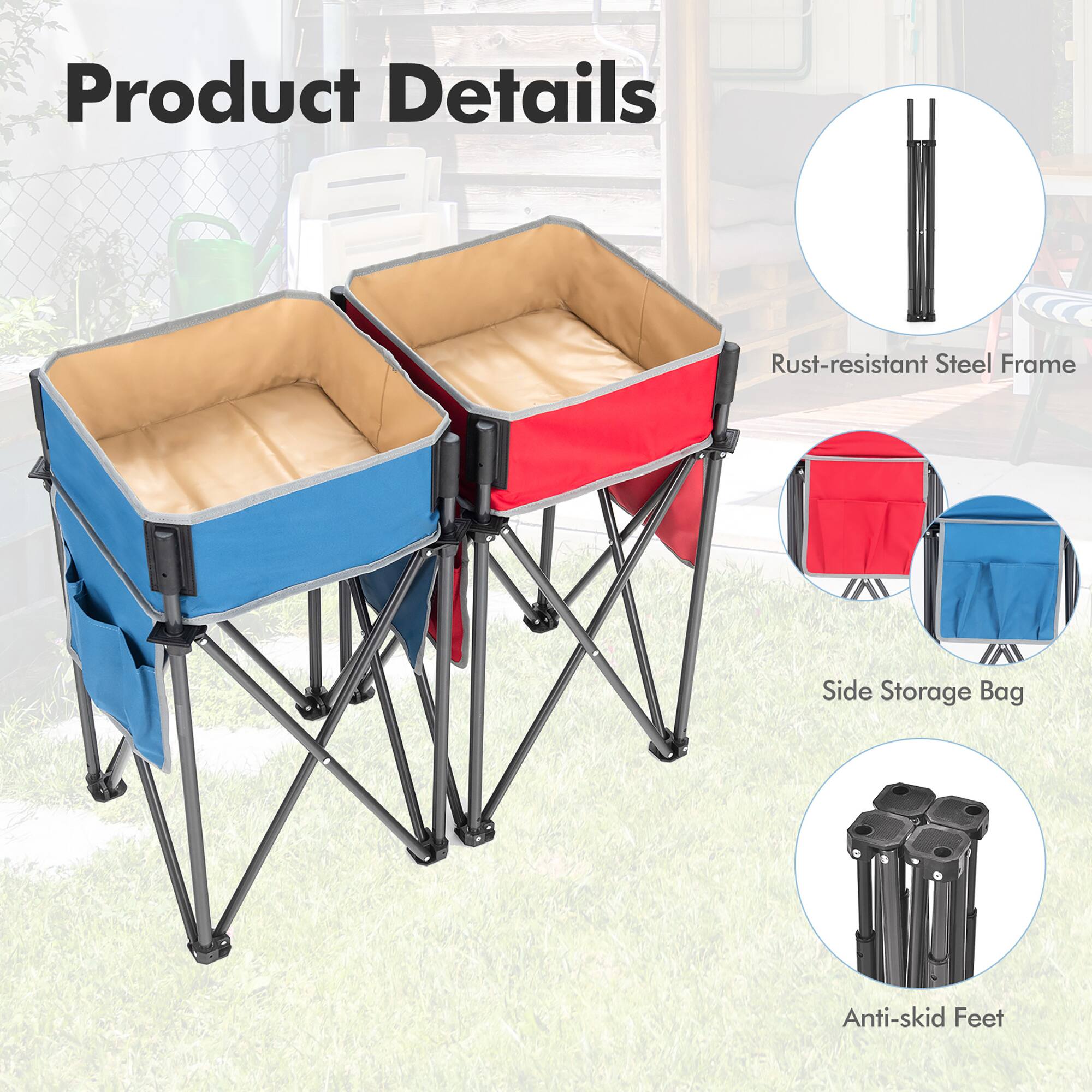 Product Details: Rust-resistant steel frame, Side Storage Bag, Anti-skid Feet.