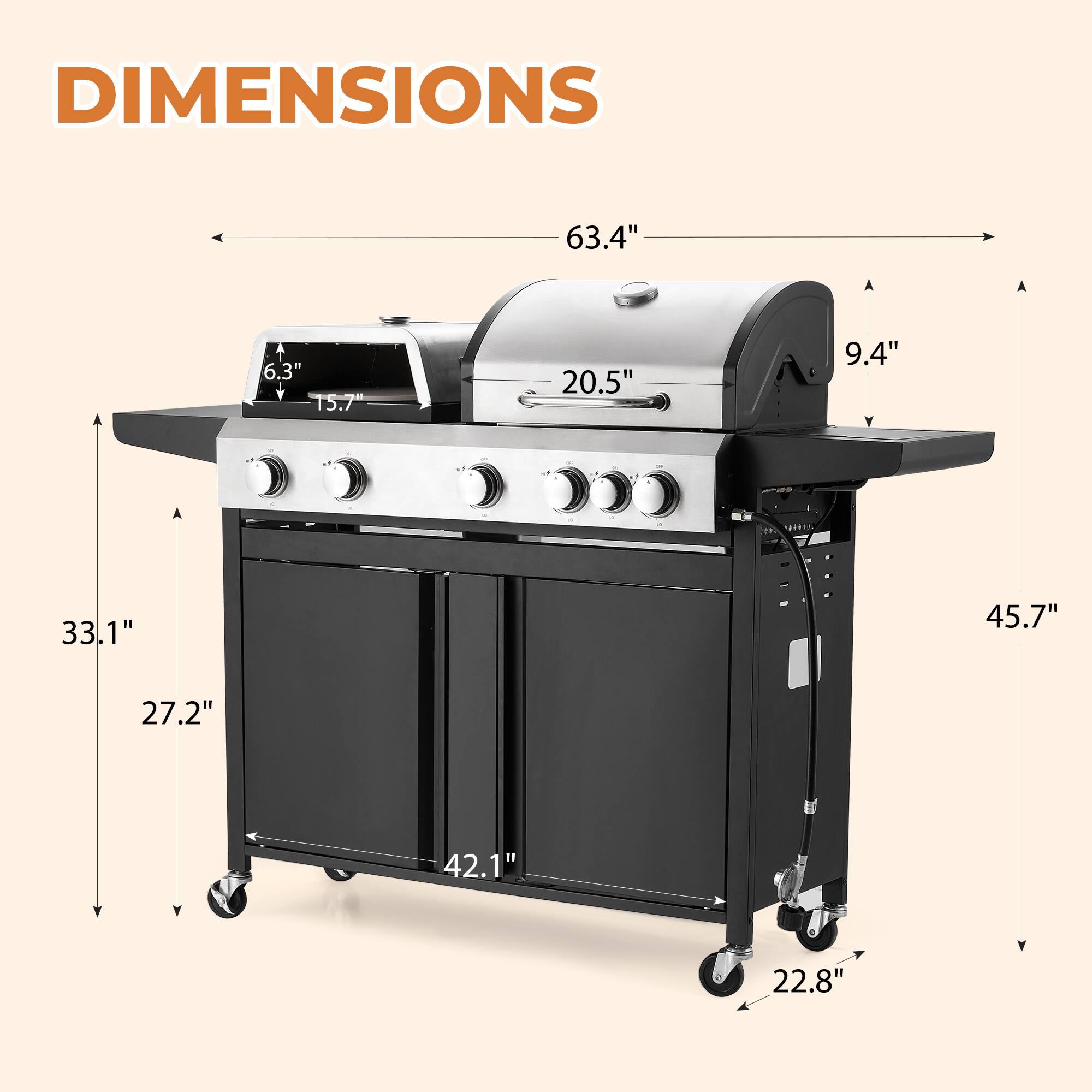 DIMENSIONS  
63.4" A 6.3" 15.7" 20.5" 9.4" 33.1" 45.7" 27.2" 42.1" 22.8"