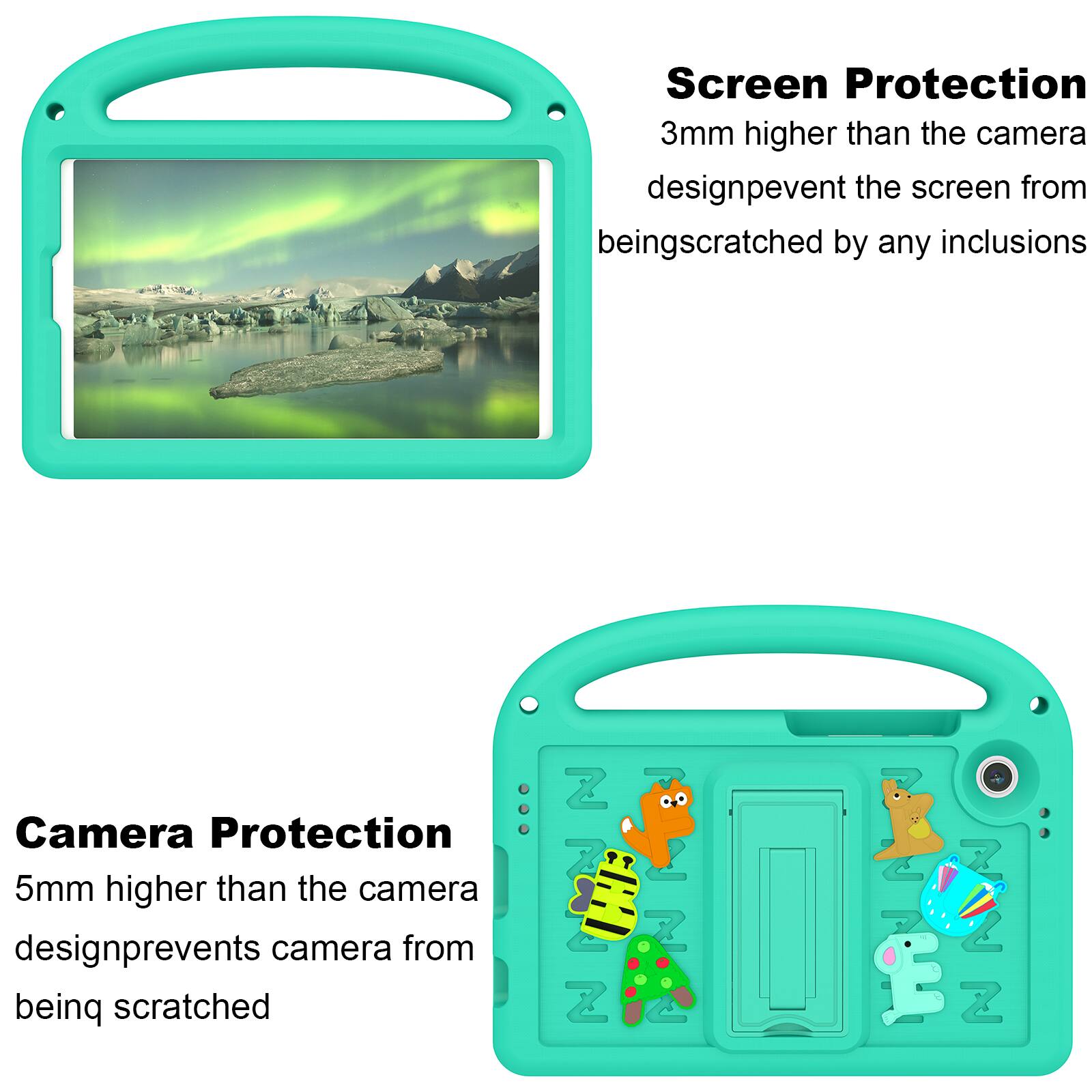 Screen Protection  
3mm higher than the camera design prevents the screen from being scratched by any inclusions

Camera Protection  
5mm higher than the camera design prevents the camera from being scratched