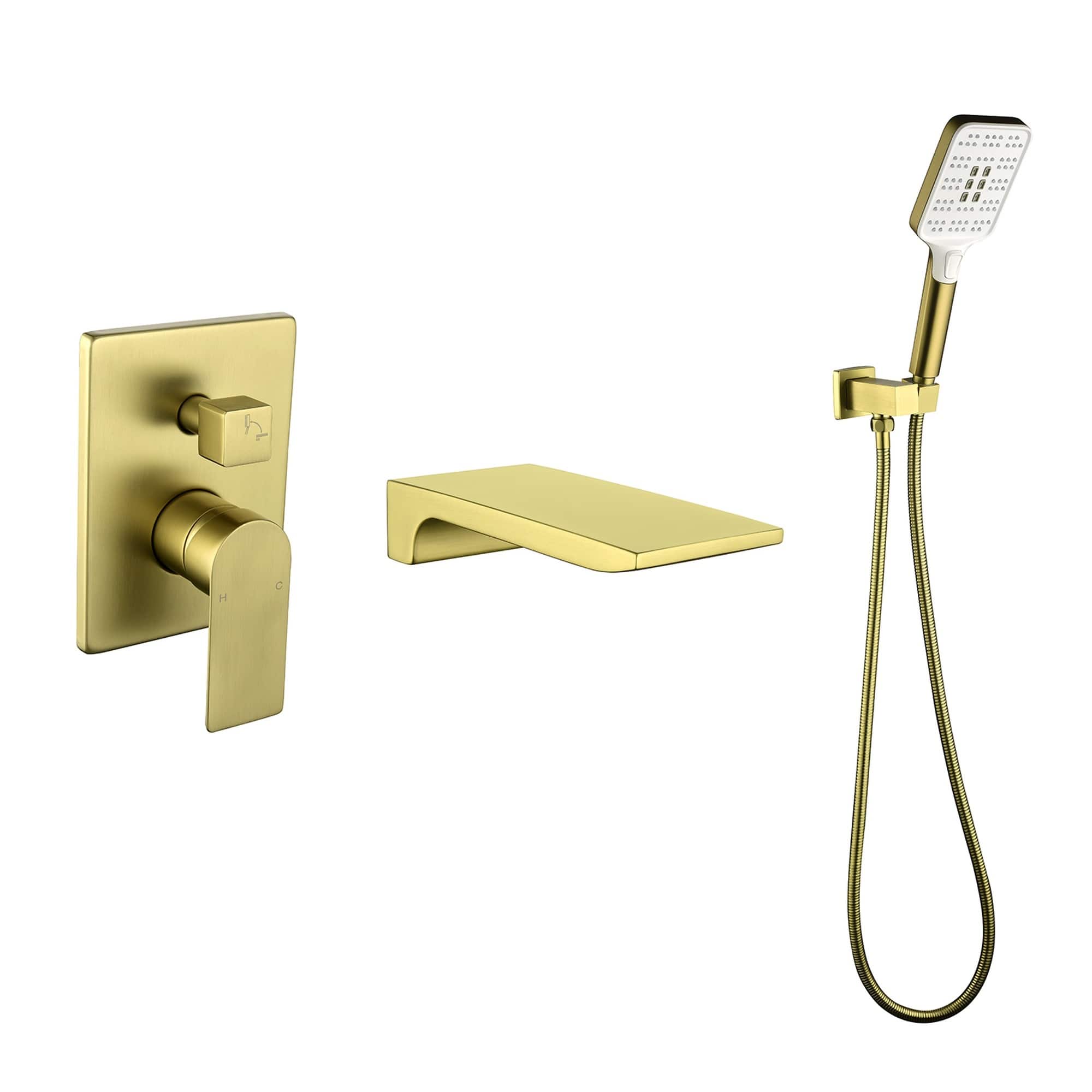 Boyel Living - Wall Mount Bathtub Faucet Brass 2-Function Valve Push-Button Handheld 60-Inch Steel Hose cUPC - Brushed Gold