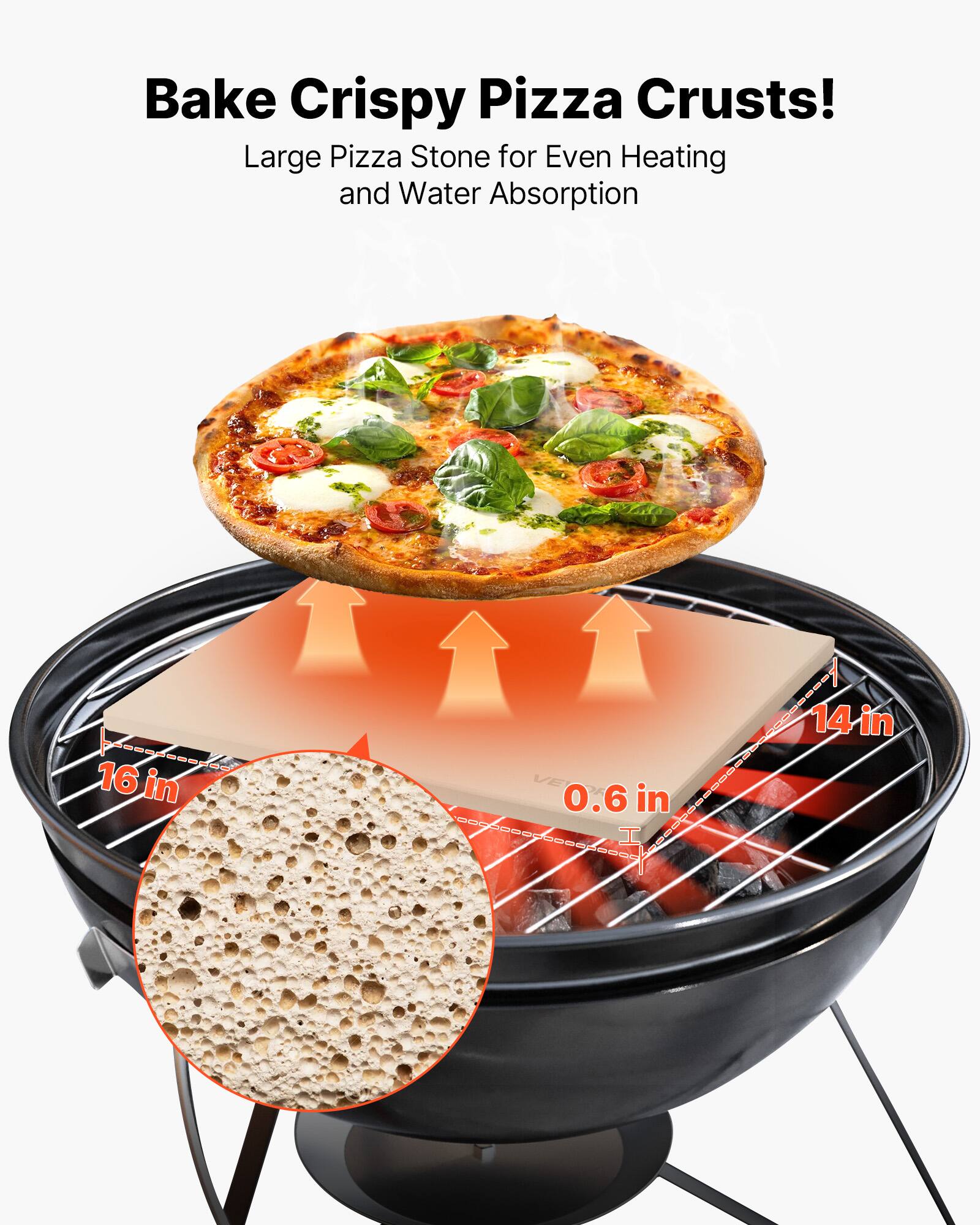 Bake Crispy Pizza Crusts!  
Large Pizza Stone for Even Heating and Water Absorption  

16 in  
14 in  
0.6 in
