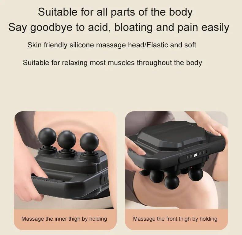 Suitable for all parts of the body  
Say goodbye to acid, bloating and pain easily  

Skin friendly silicone massage head/Elastic and soft  
Suitable for relaxing most muscles throughout the body  

Massage the inner thigh by holding  
Massage the front thigh by holding
