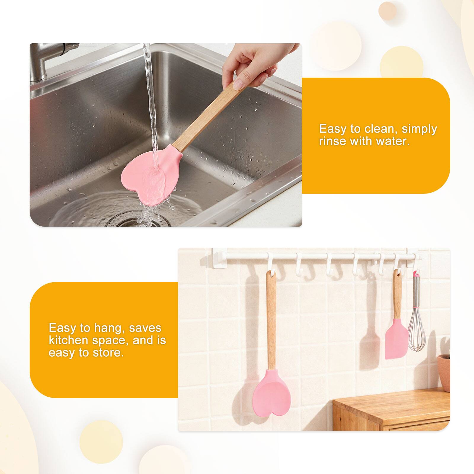 Easy to clean, simply rinse with water.  
Easy to hang, saves kitchen space, and is easy to store.