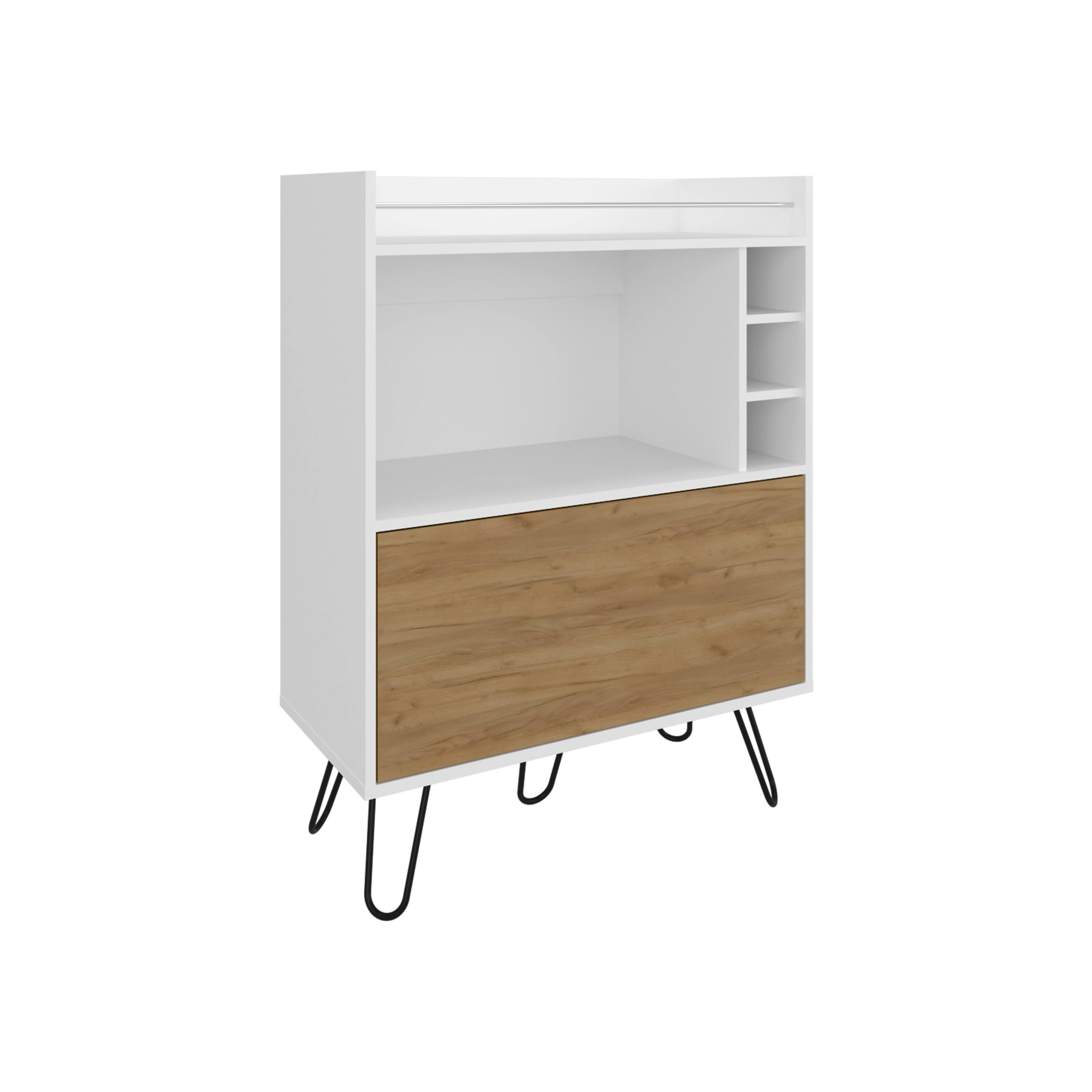 Front. TuHome - Tori Tall One-Door Bar Cabinet with Three Cubbies, Three Shelves, Top Prep Surface with Rail For Living Room - White - Natural Oak.