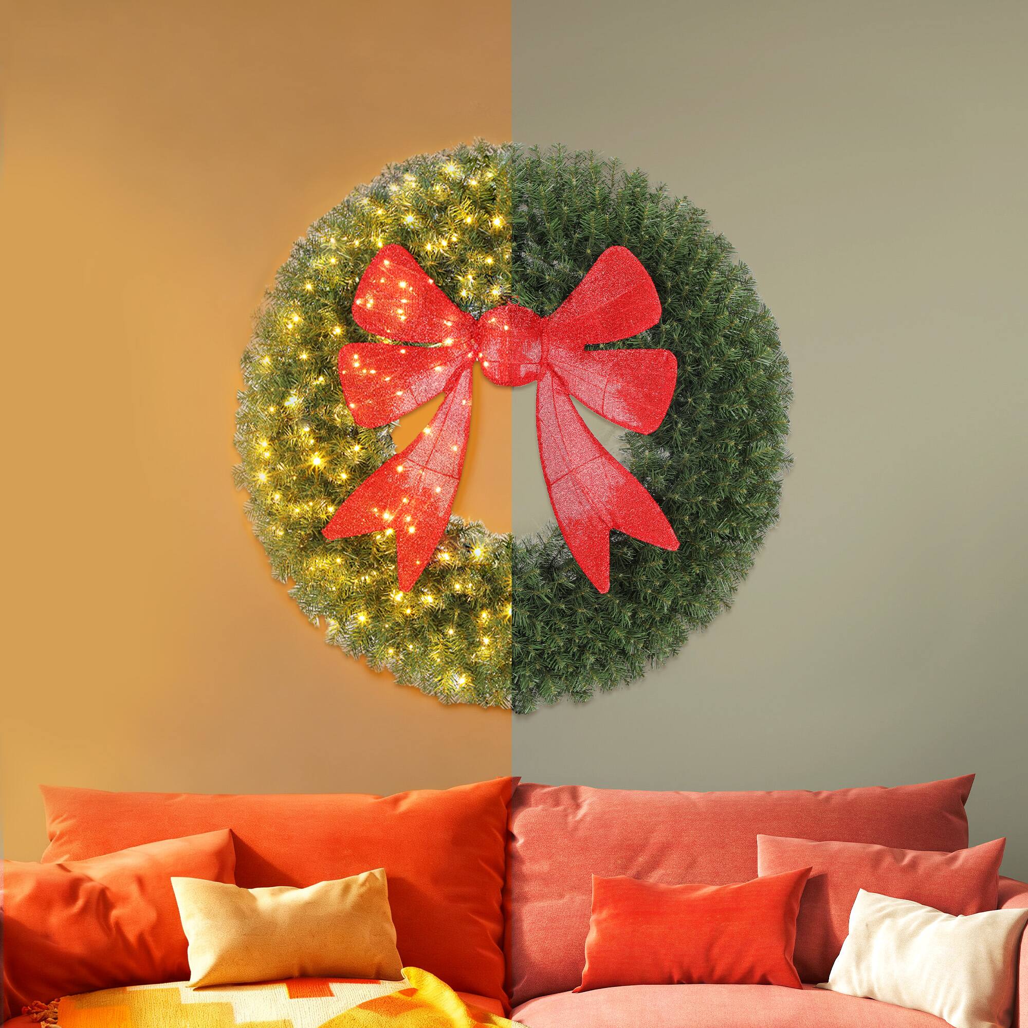 Alt View 8. Homcom - 36in Pre-Lit Artificial Xmas Wreath, 3D Red Bow, 11 Modes, Remote, 140 LEDs, 300 Tips, Indoor Outdoor - Green.