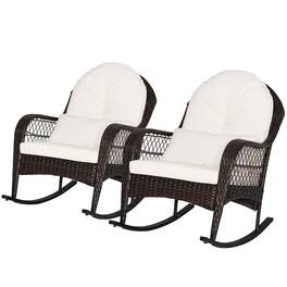 Gymax - 2PCS Patio Wicker Rocking Chair w/ White Seat Cushions & Lumbar Pillow Porch - Mix Brown, White