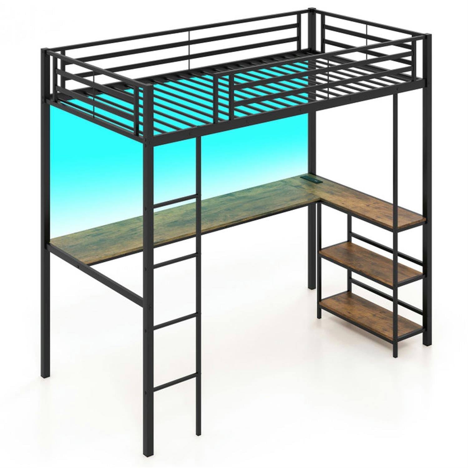 Front. Pefilos - Twin Size Loft Bed Raised Platform Bed with Desk and 2 Storage Shelves for Teens, Black - Black.