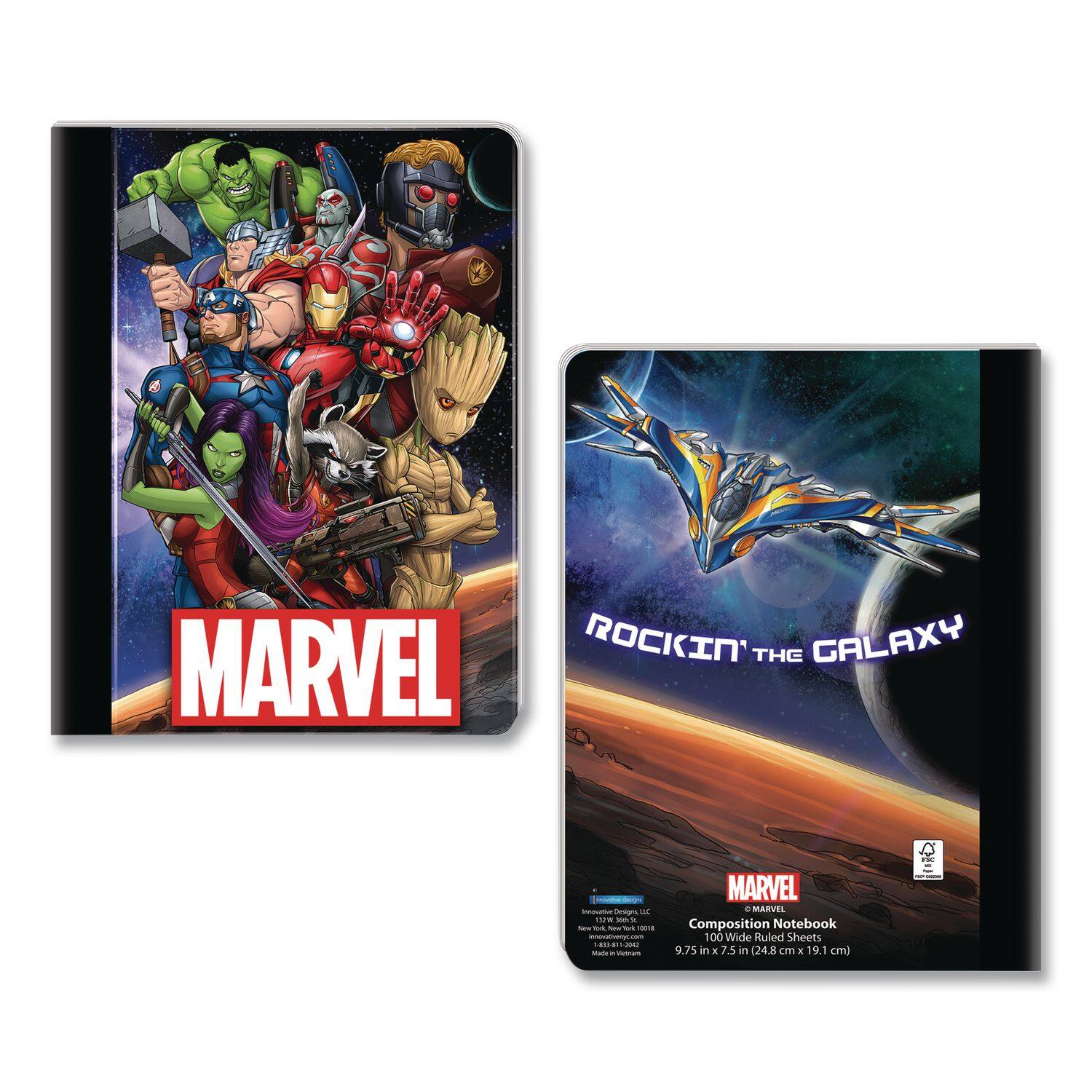 MARVEL ROCKIN' THE GALAXY  
MARVEL EMARVEL Composition Notebook  
100 Wide Ruled Sheets  
9.75 in x 7.5 in (24.8 cm x 19.1 cm)