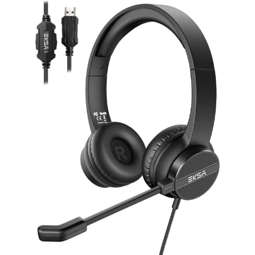 EKSA Telecom - USB Wired Headset with Microphone for PC & Laptop, Noise Canceling, Volume & Mic Mute Controls, Lightweight Comfort