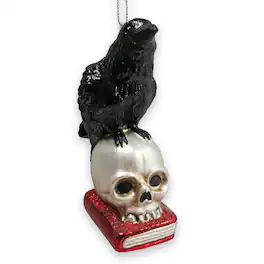 OrnamentallyYou - Raven on Skull and Book Glass Ornament Horror Edgar Allan Poe Decoration - Multi-colored